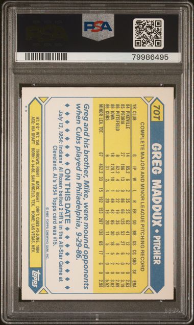 Graded 1987 Topps Traded Greg Maddux #70T Rookie RC Baseball Card PSA 9 Mint