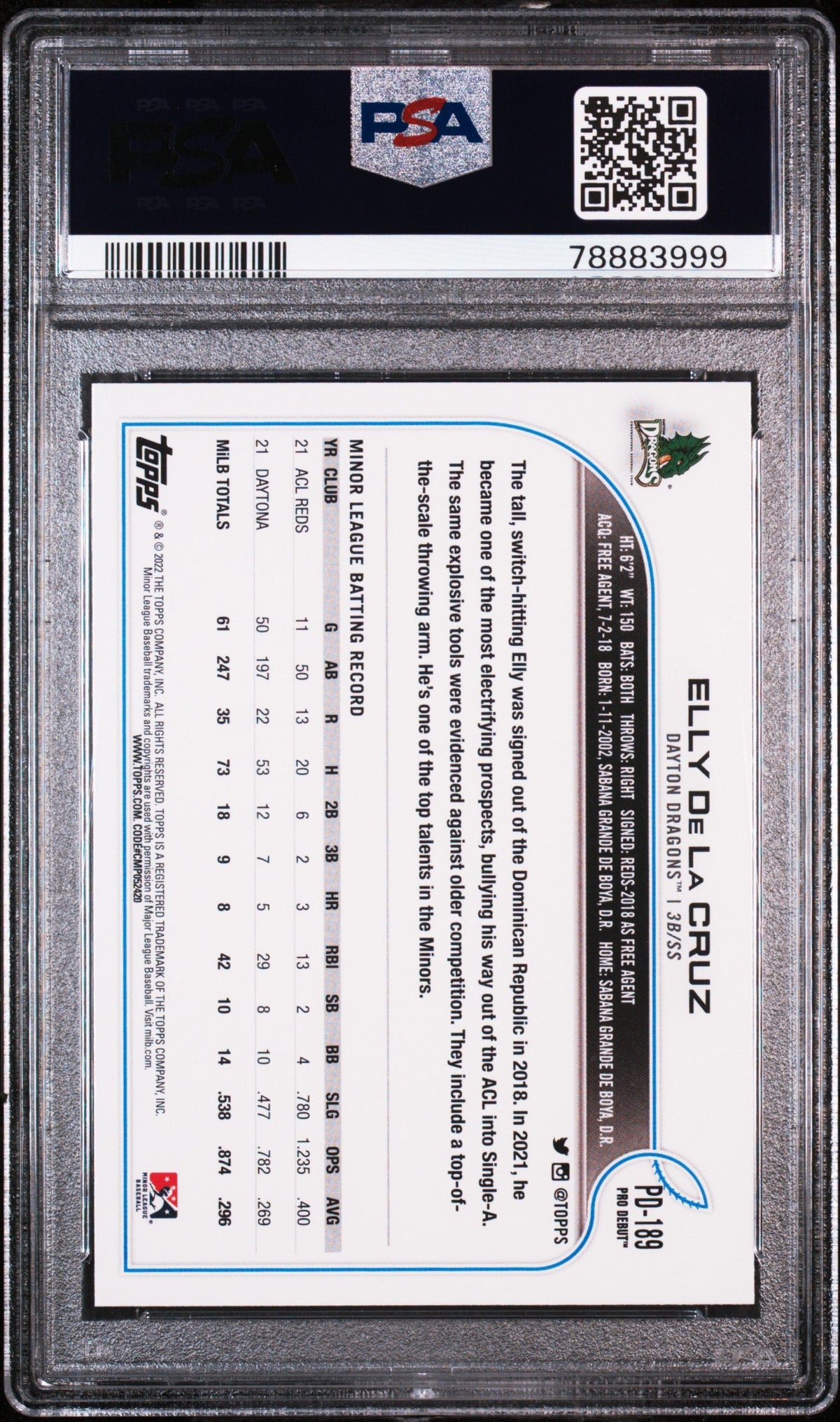 Graded 2022 Topps Pro Debut Elly De La Cruz #PD189 Rookie RC Baseball Card PSA 10 Gem Mint