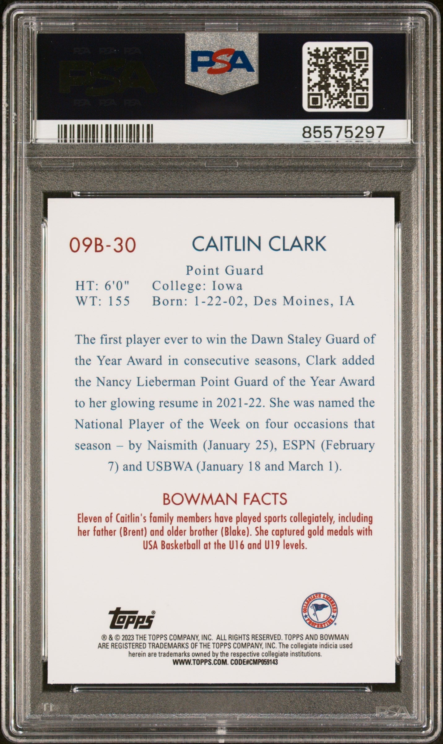 Graded 2022 Topps Bowman University Caitlin Clark #09B30 2009 Bowman Rookie RC Basketball Card PSA 10 Gem Mint
