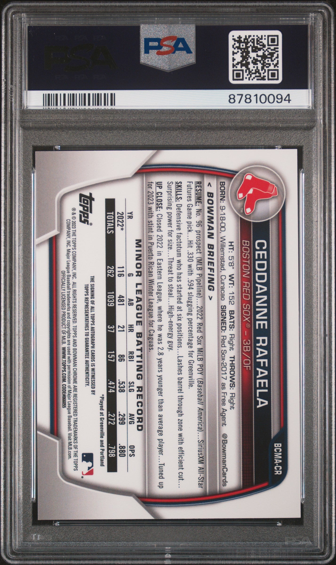 Graded 2023 Topps Bowman Chrome Mega Box Ceddanne Rafaela #CR Autograph Rookie RC Baseball Card PSA 10 Gem Mint