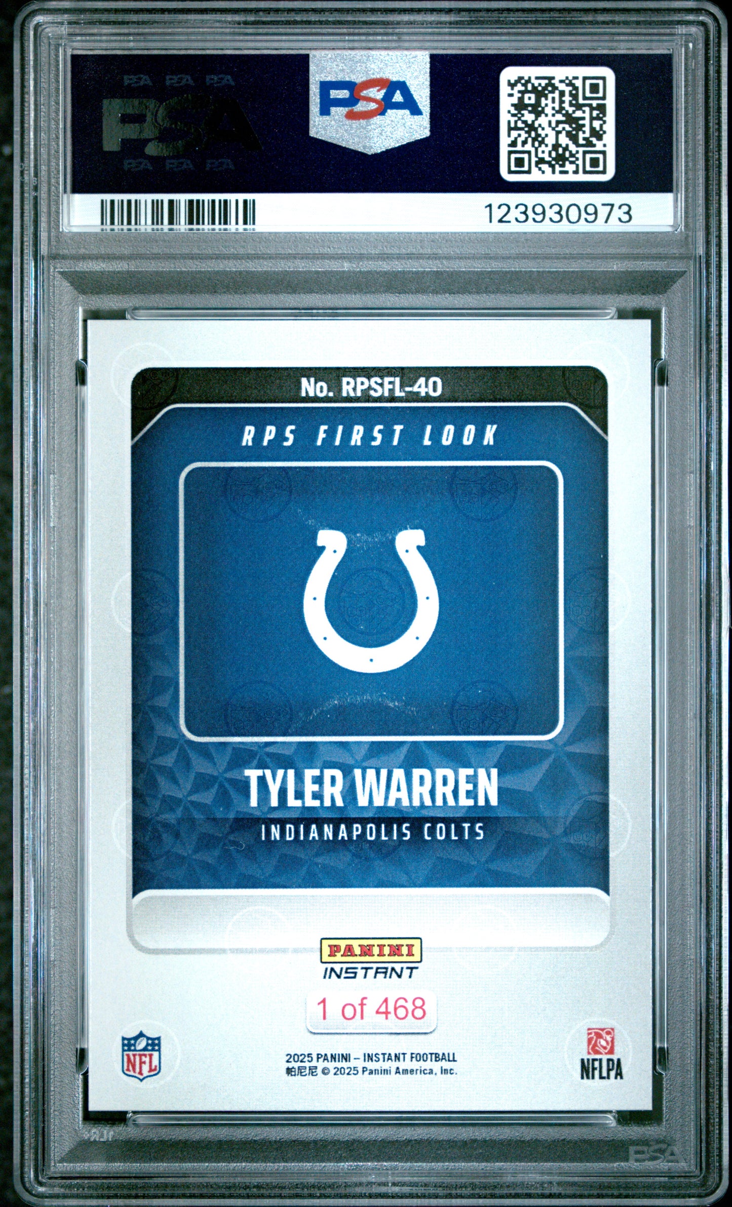Graded 2025 Panini Instant Tyler Warren #RPSFL40 RPS First Look Rookie RC Football Card PSA 10 Gem Mint