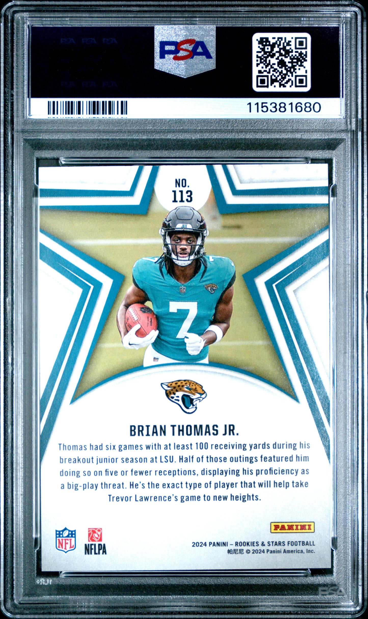 Graded 2024 Panini Rookies & Stars Brian Thomas Jr #113 Purple /299 Rookie RC Football Card PSA 10 Gem Mint
