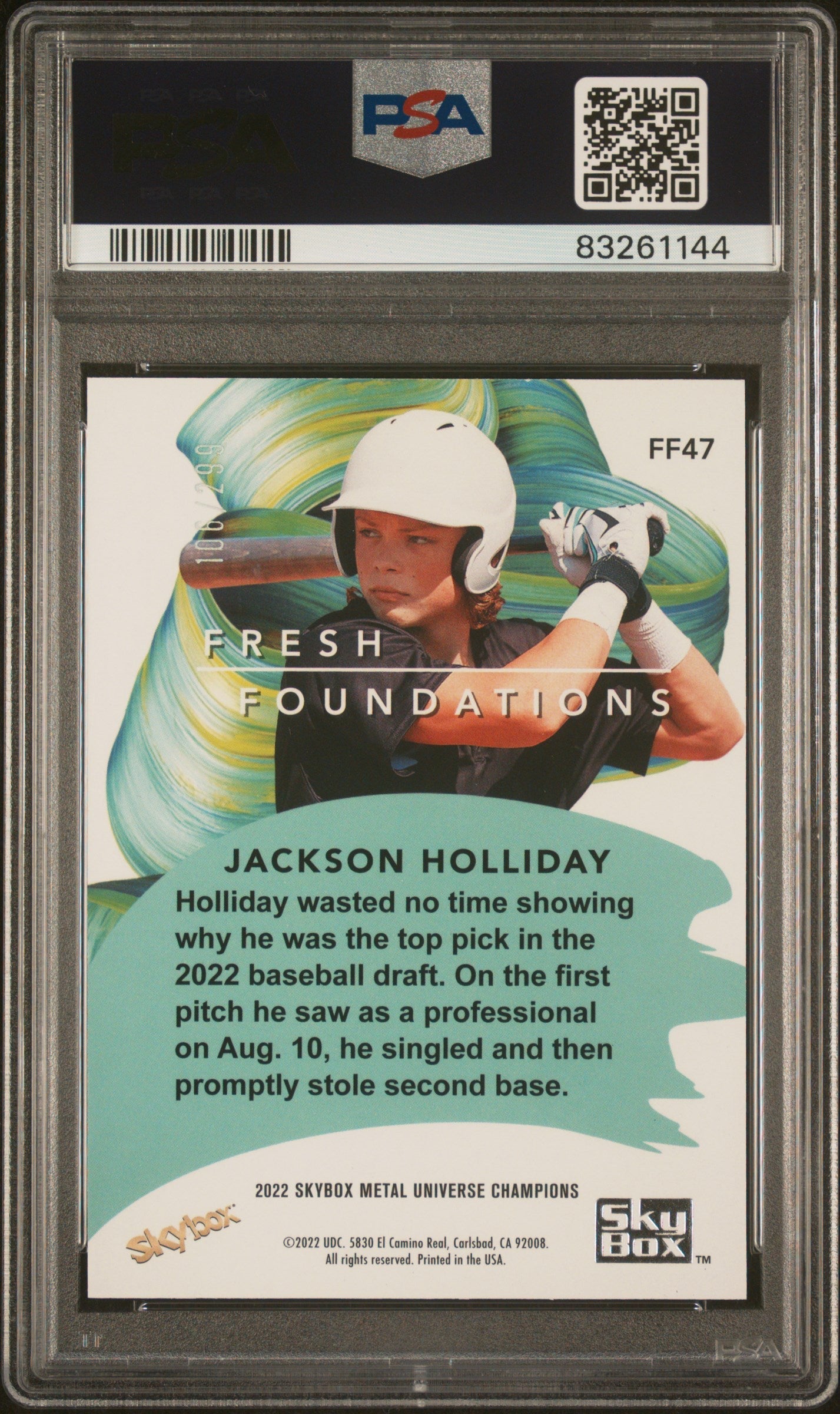 Graded 2022 Skybox Metal Universe Champ Jackson Holliday #FF47 Fresh Foundations Silver Dots Rookie RC Baseball Card PSA 10 Gem Mint