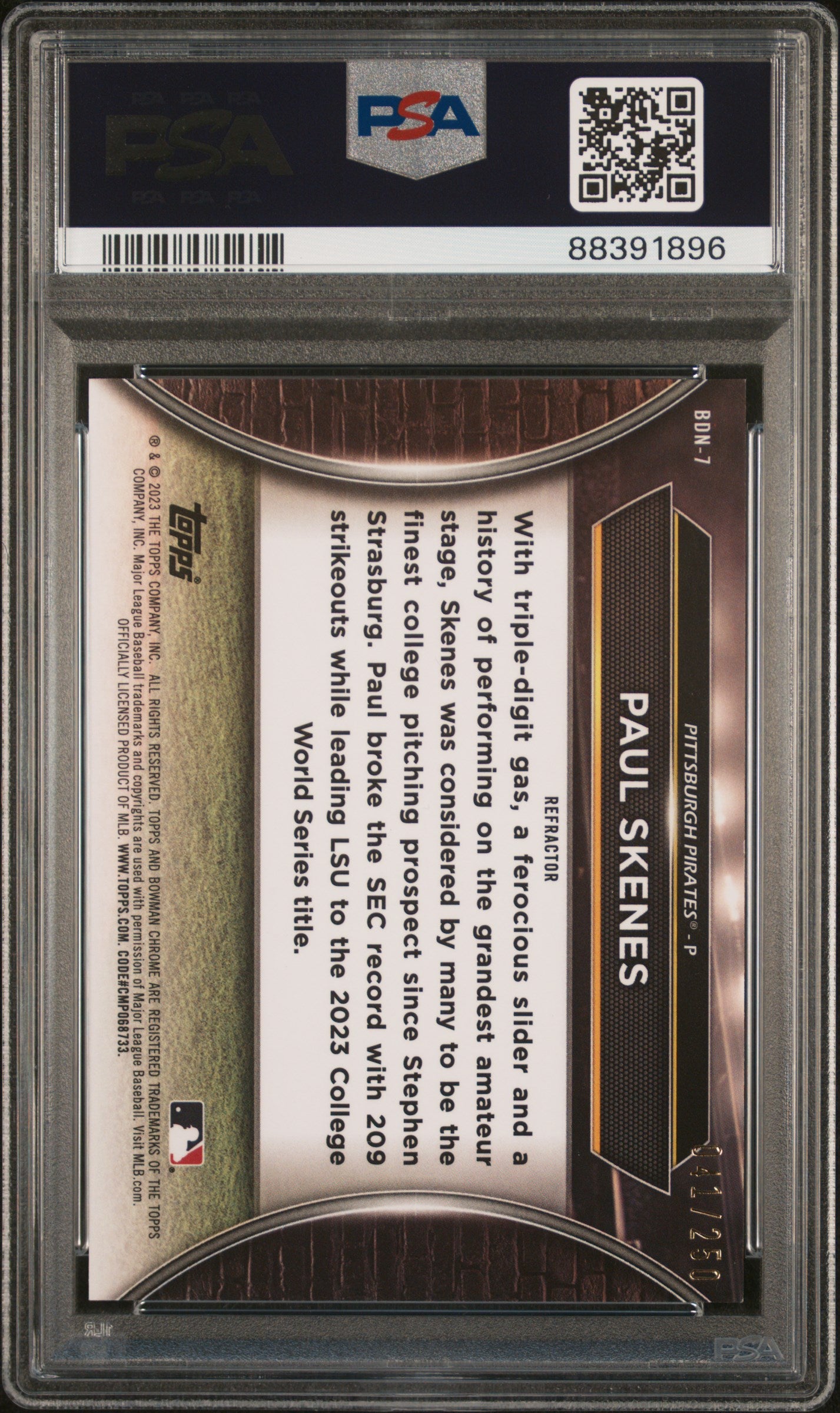 Graded 2023 Topps Bowman Draft Paul Skenes #BDN7 Draft Night Refractor Rookie RC Baseball Card PSA 10 Gem Mint