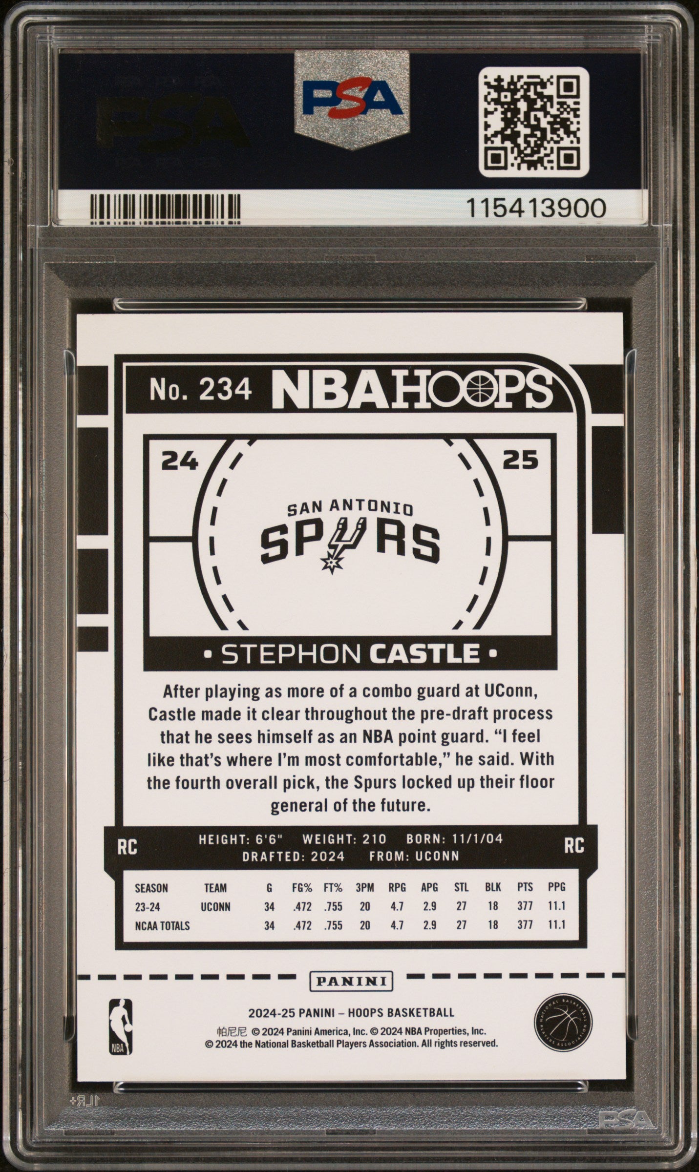 Graded 2024 Panini Hoops Stephon Castle #234 Rookie RC Basketball Card PSA 9 Mint