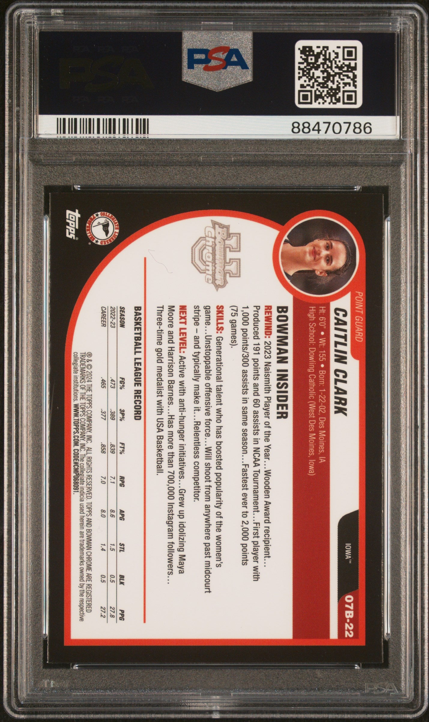 Graded 2023 Topps Bowman U Chrome Caitlin Clark #07B22 2007 Bowman Rookie RC Basketball Card PSA 10 Gem Mint