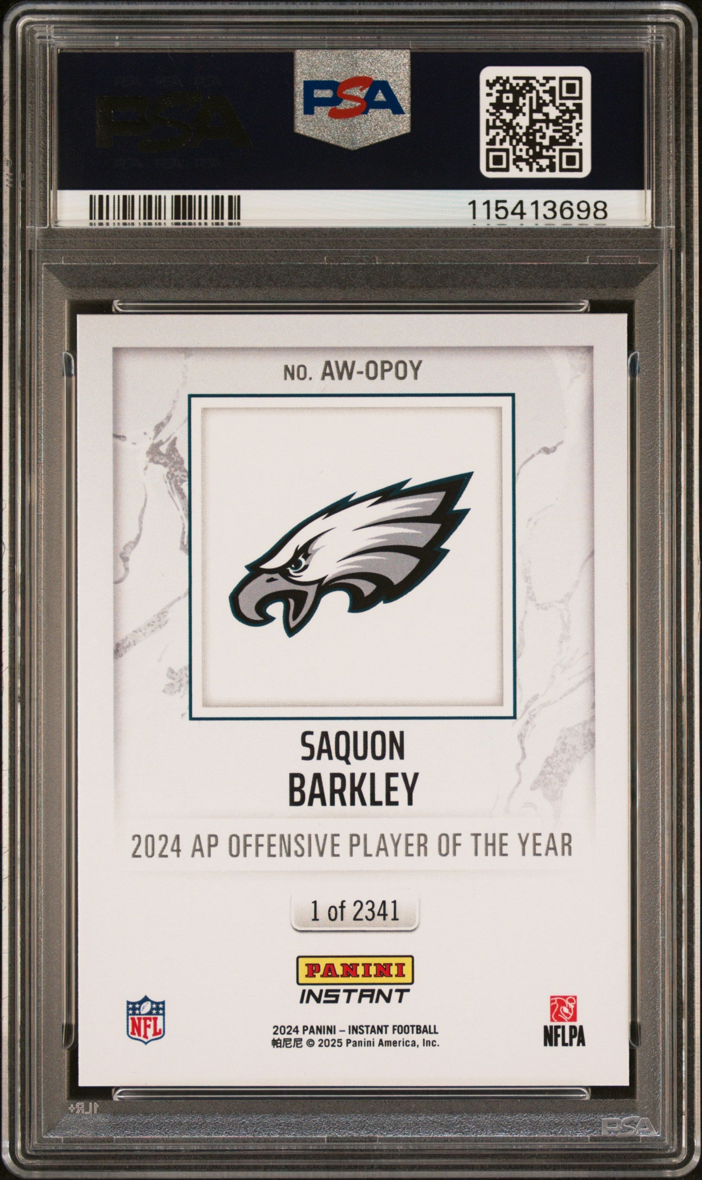 Graded 2024 Panini Instant NFL Saquon Barkley #OPOY Award Winners Football Card PSA 8 Near Mint
