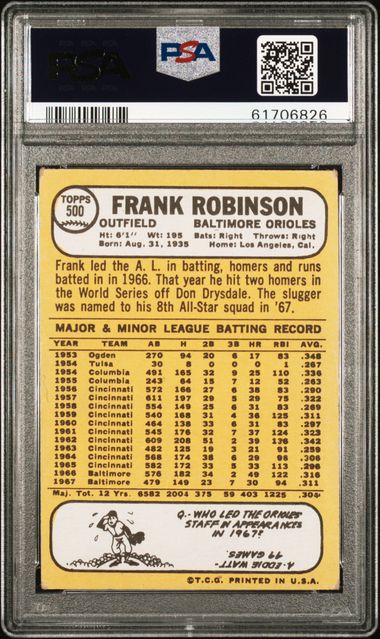 Graded 1968 Topps Frank Robinson #500 Baseball Card PSA 4 VG-EX