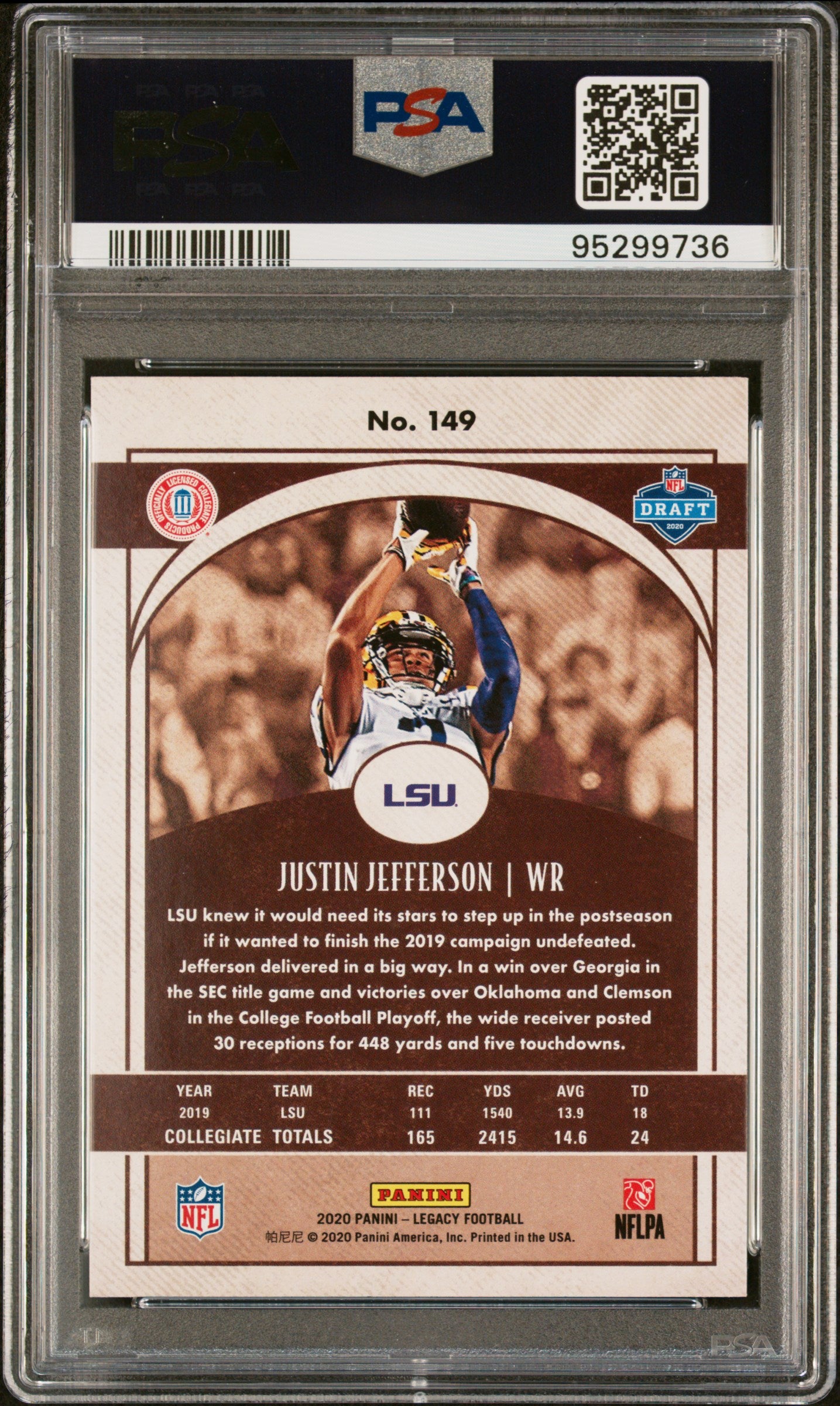 Graded 2020 Panini Legacy Justin Jefferson #149 Rookie RC Football Card PSA 10 Gem Mint