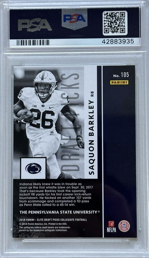 Graded 2018 Panini Elite DP Collegiate Saquon Barkley #105 White Jersey Rookie RC Football Card PSA 10 Gem Mint