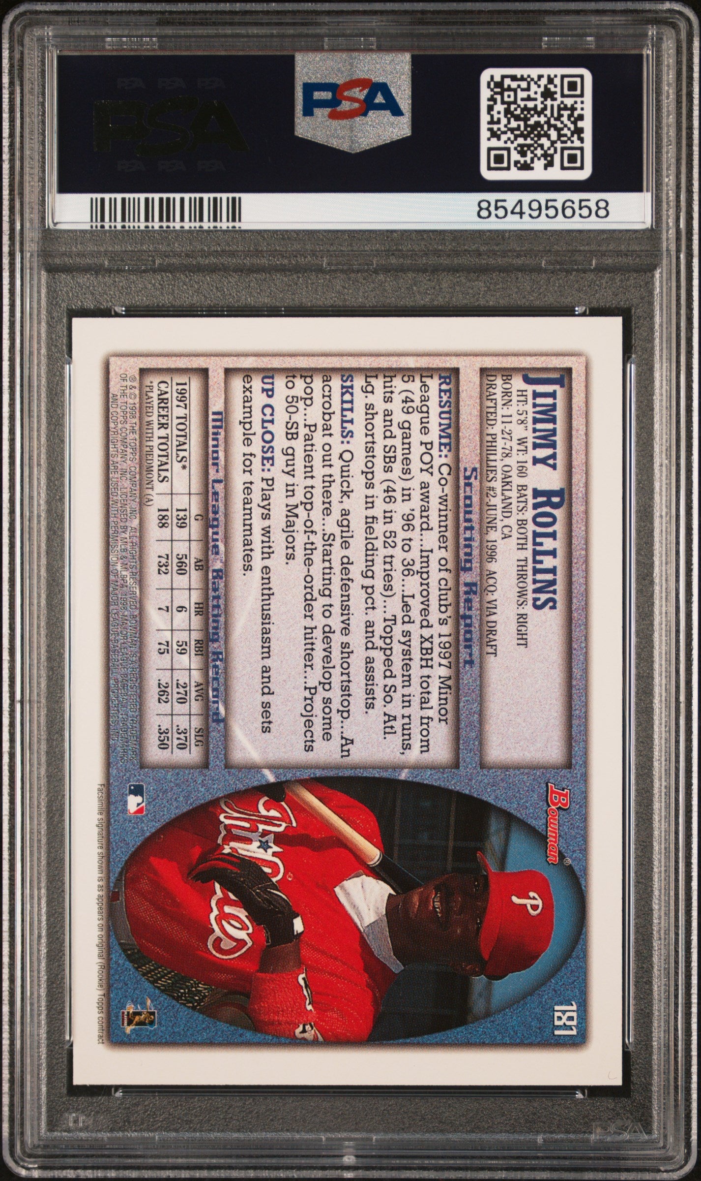 Graded 1998 Topps Bowman Jimmy Rollins #181 Rookie RC Baseball Card PSA 10 Gem Mint