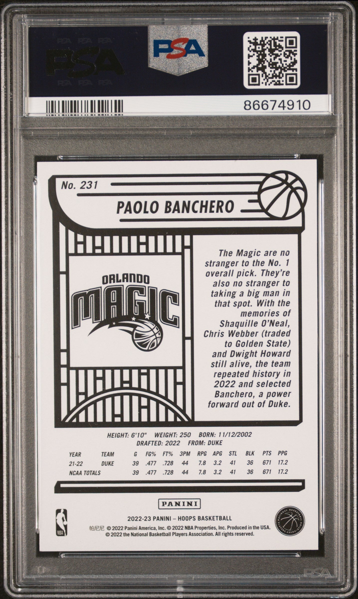Graded 2022 Panini NBA Hoops Paolo Banchero #231 Rookie RC Basketball Card PSA 9 Mint