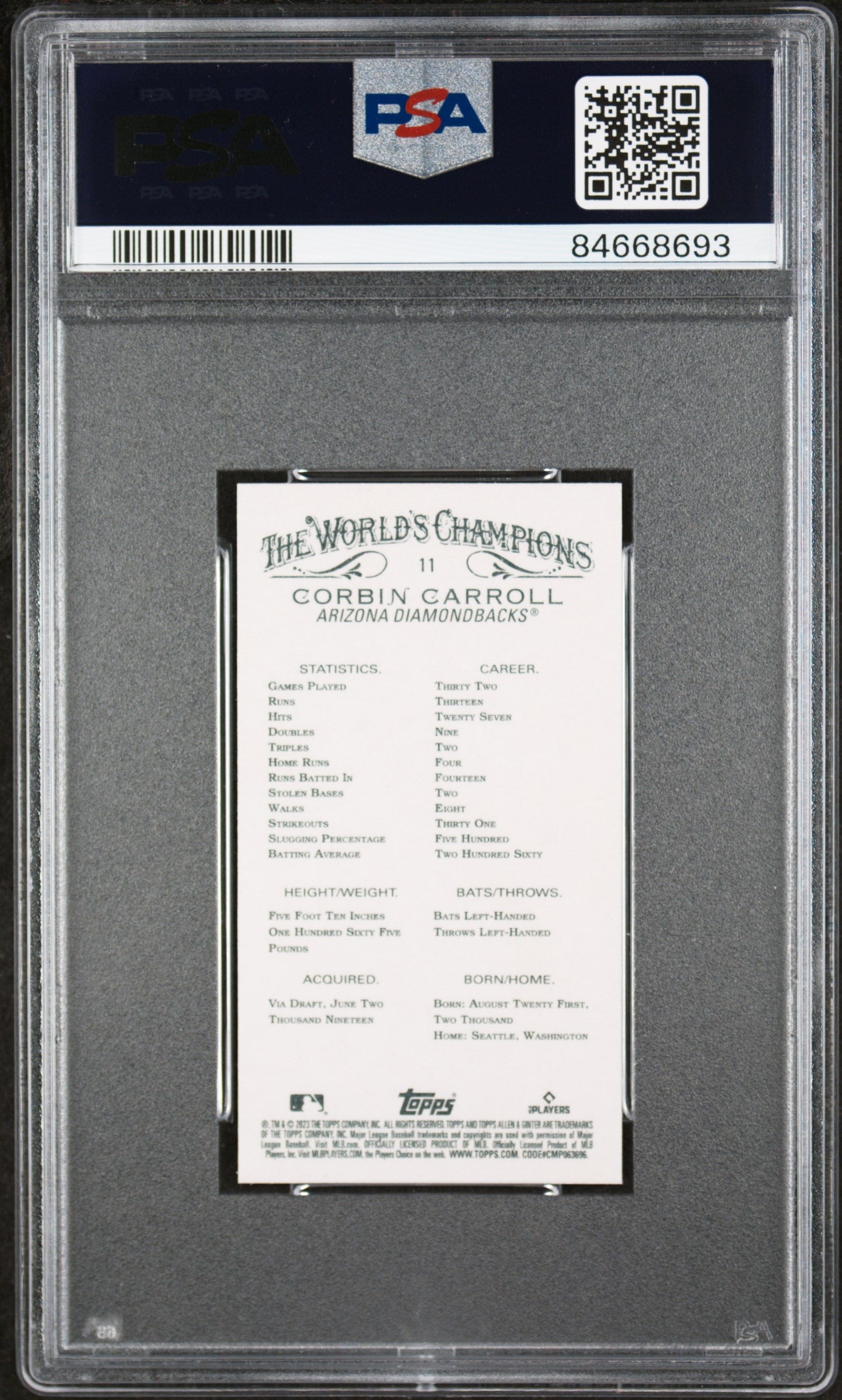 Graded 2023 Topps Allen & Ginter Corbin Carroll #11 Mini Rookie RC Baseball Card PSA 10 Gem Mint