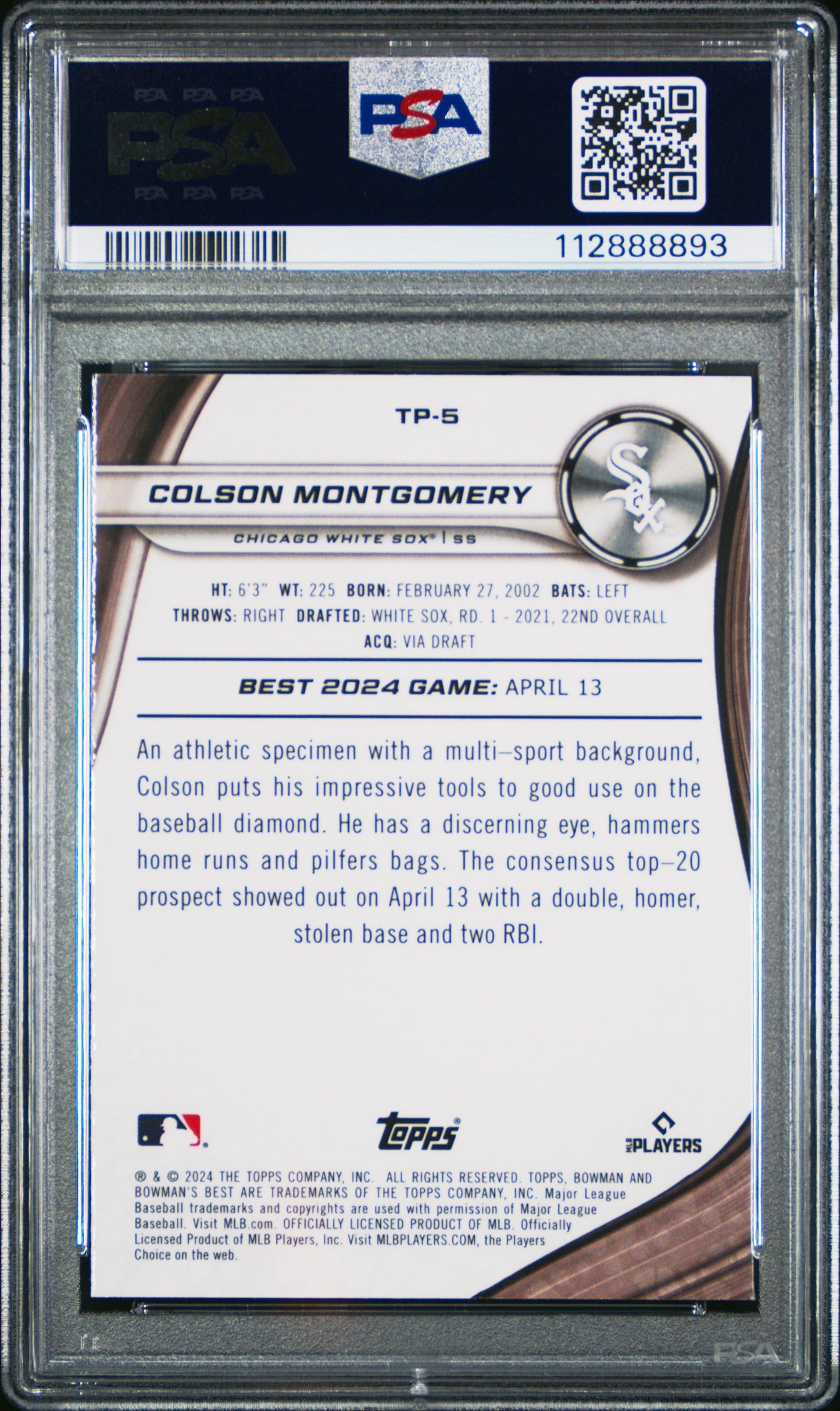 Graded 2024 Topps Bowmans Best Colson Montgomery #TP5 Top Prospects Green Mini Diamond /99 Rookie RC Baseball Card PSA 10 Gem Mint