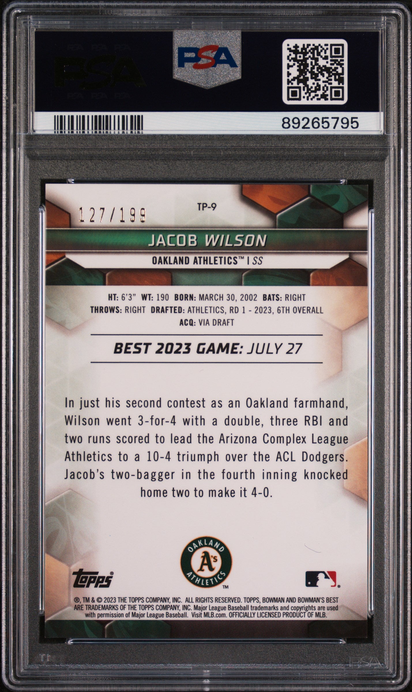 Graded 2023 Topps Bowmans Best Jacob Wilson #TP9 Top Prospects Aqua Lava #/199 Rookie RC Baseball Card PSA 10 Gem Mint