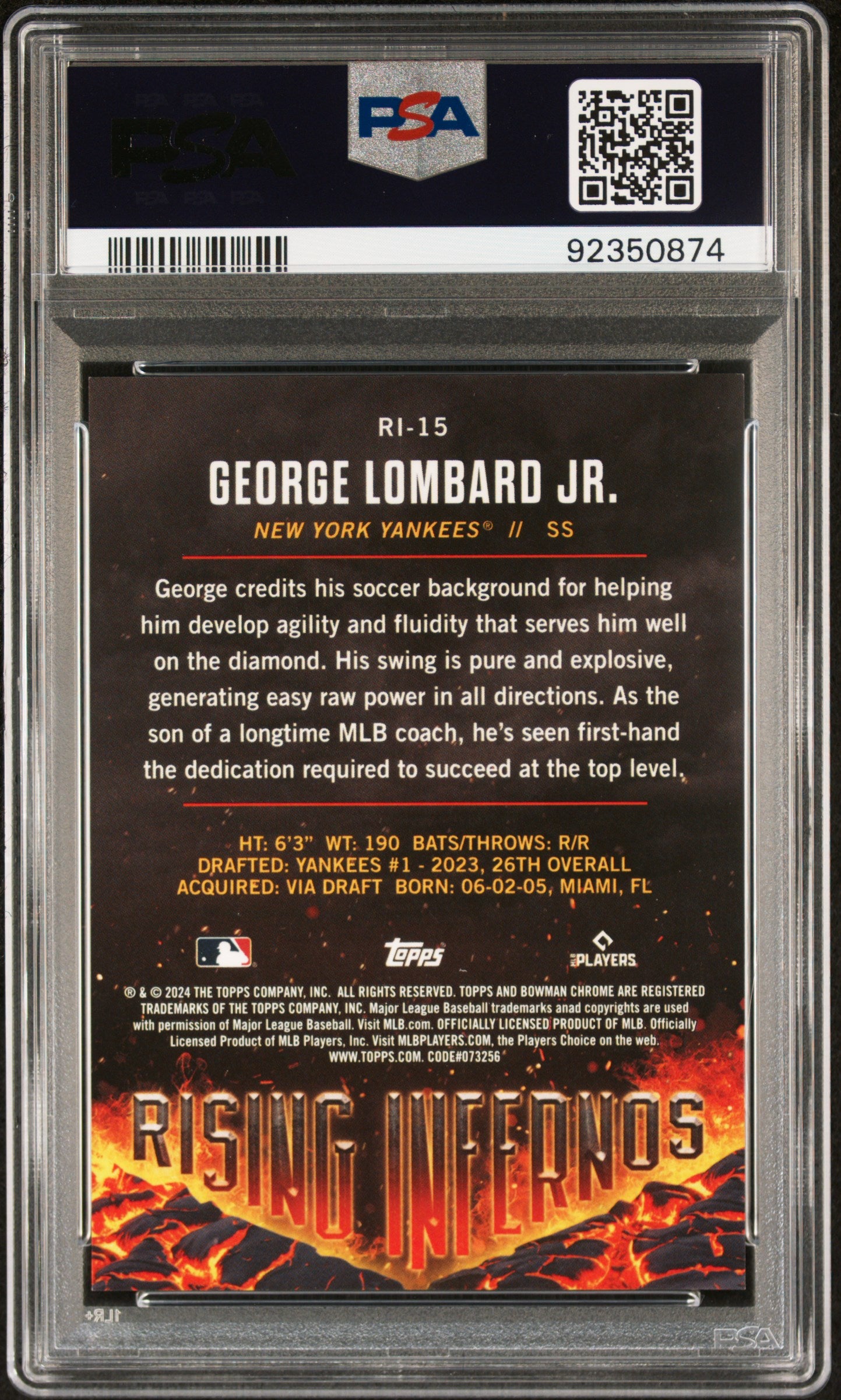 Graded 2024 Topps Bowman George Lombard Jr #RI15 Rising Infernos Green /99 Rookie RC Baseball Card PSA 10 Gem Mint