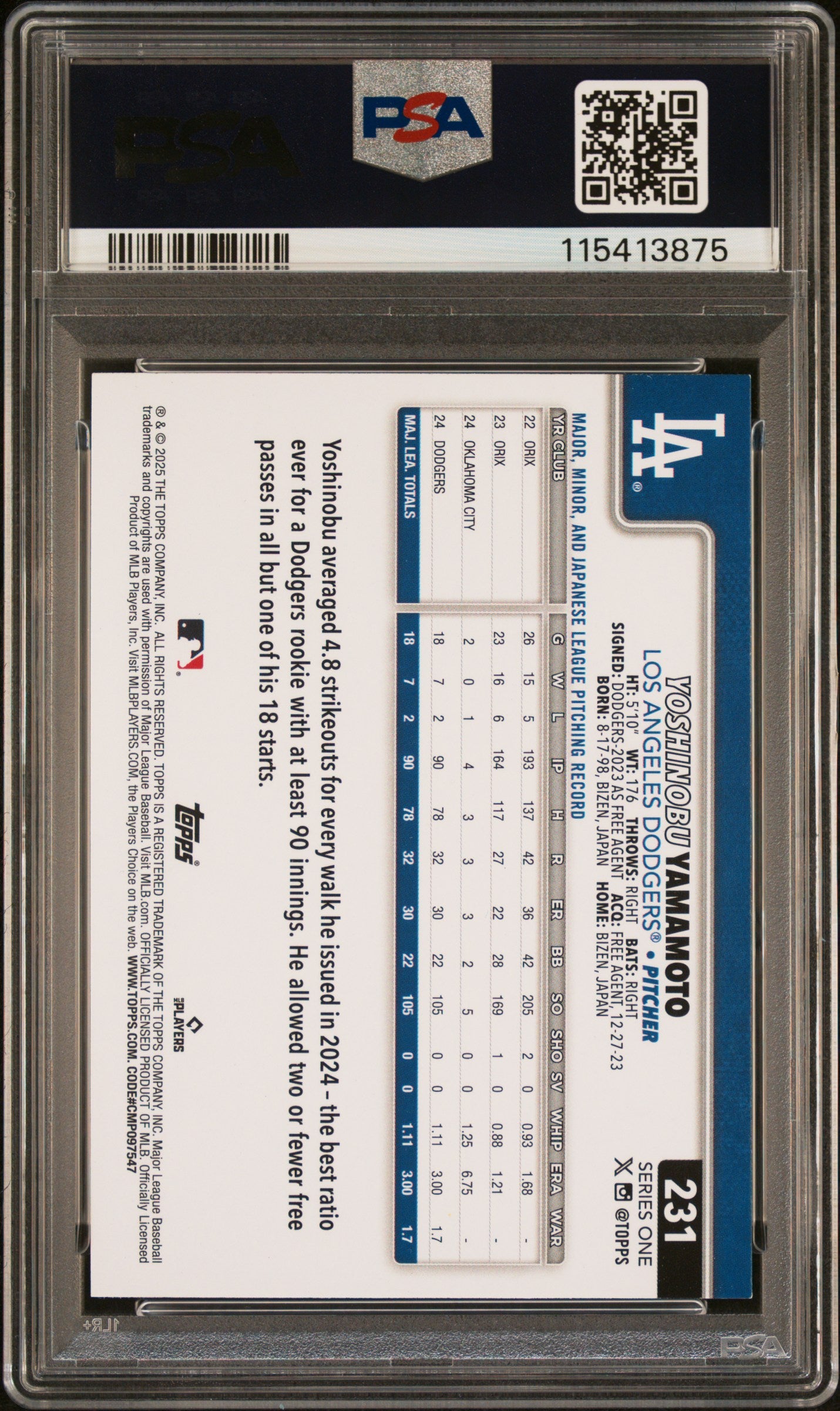 Graded 2025 Topps Yoshinobu Yamamoto #231 Baseball Card PSA 8 Near Mint