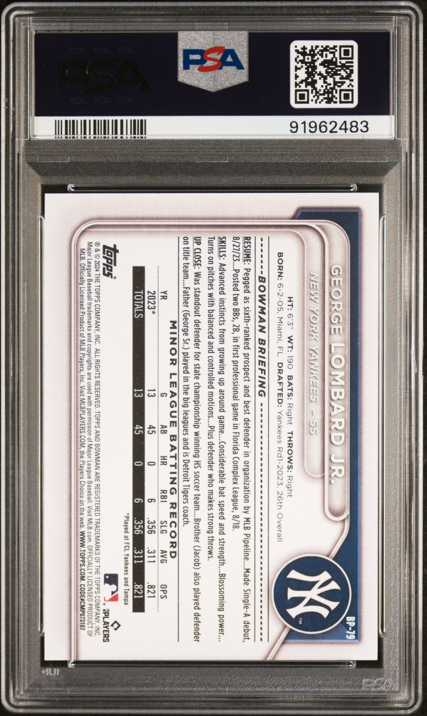 Graded 2024 Topps Bowman George Lombard Jr #BP79 Paper Prospects Rookie RC Baseball Card PSA 10 Gem Mint