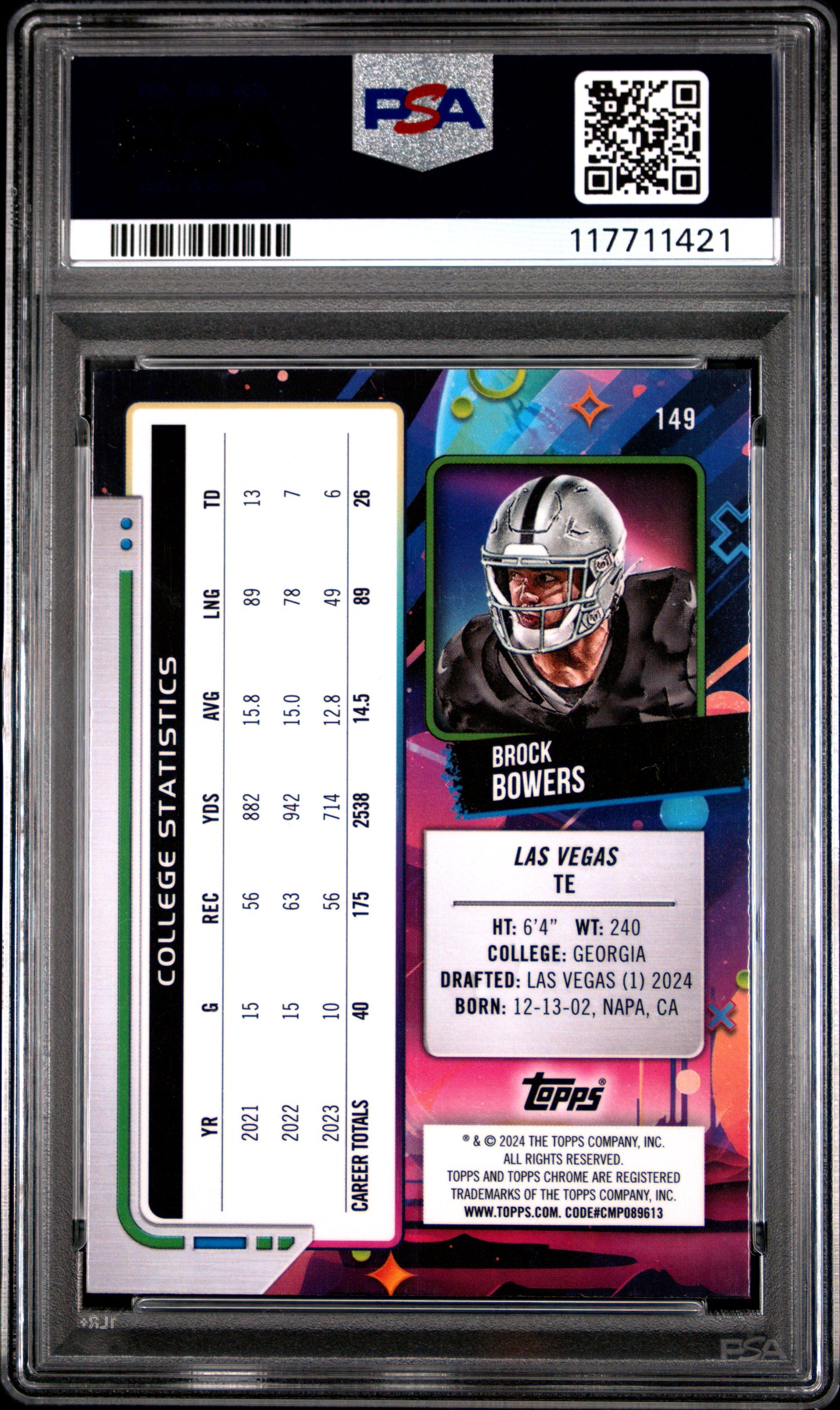 Graded 2024 Topps Cosmic Chrome Brock Bowers #149 Rookie RC Football Card PSA 10 Gem Mint