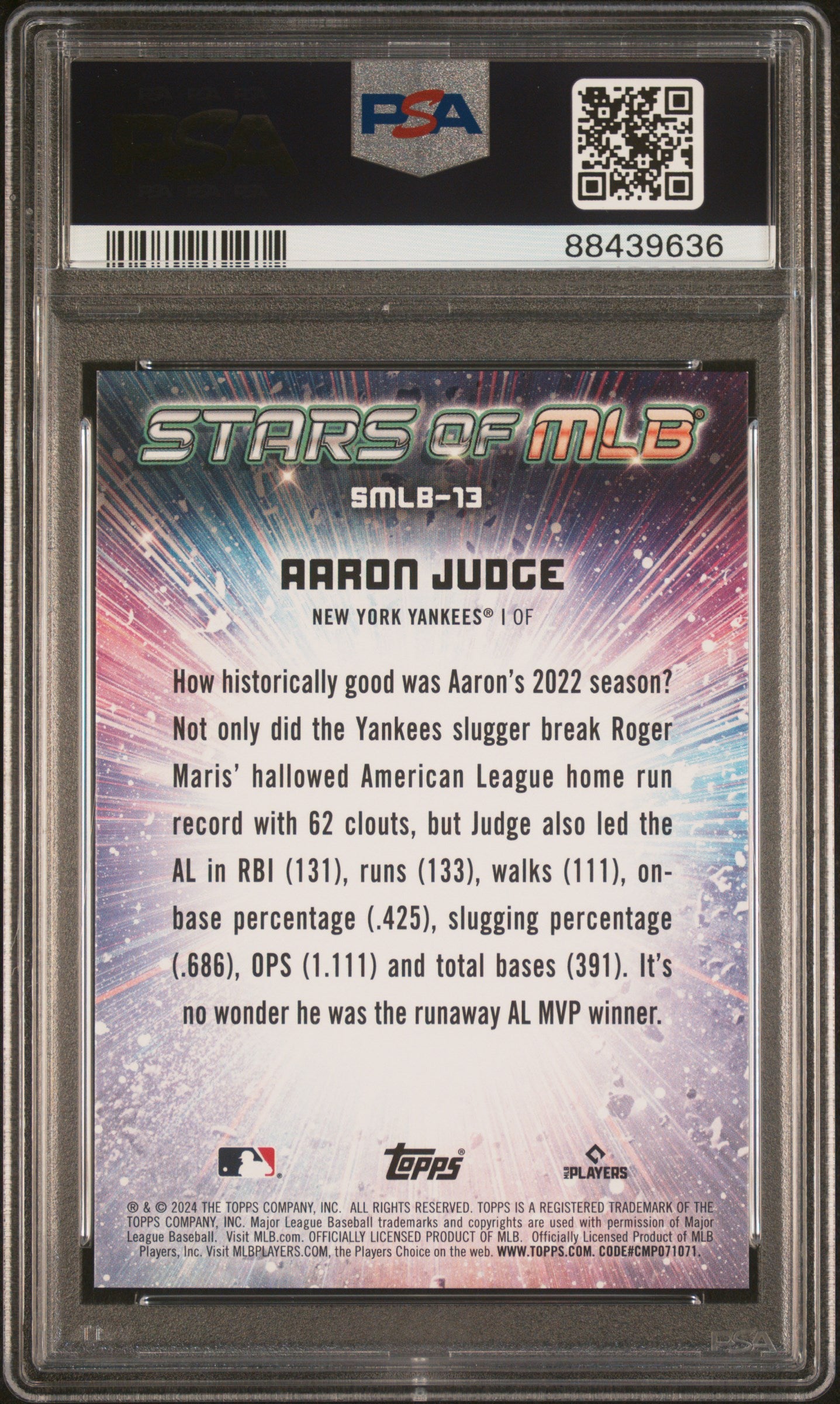 Graded 2024 Topps Aaron Judge #SMLB13 Stars of MLB Red /75 Baseball Card PSA 10 Gem Mint