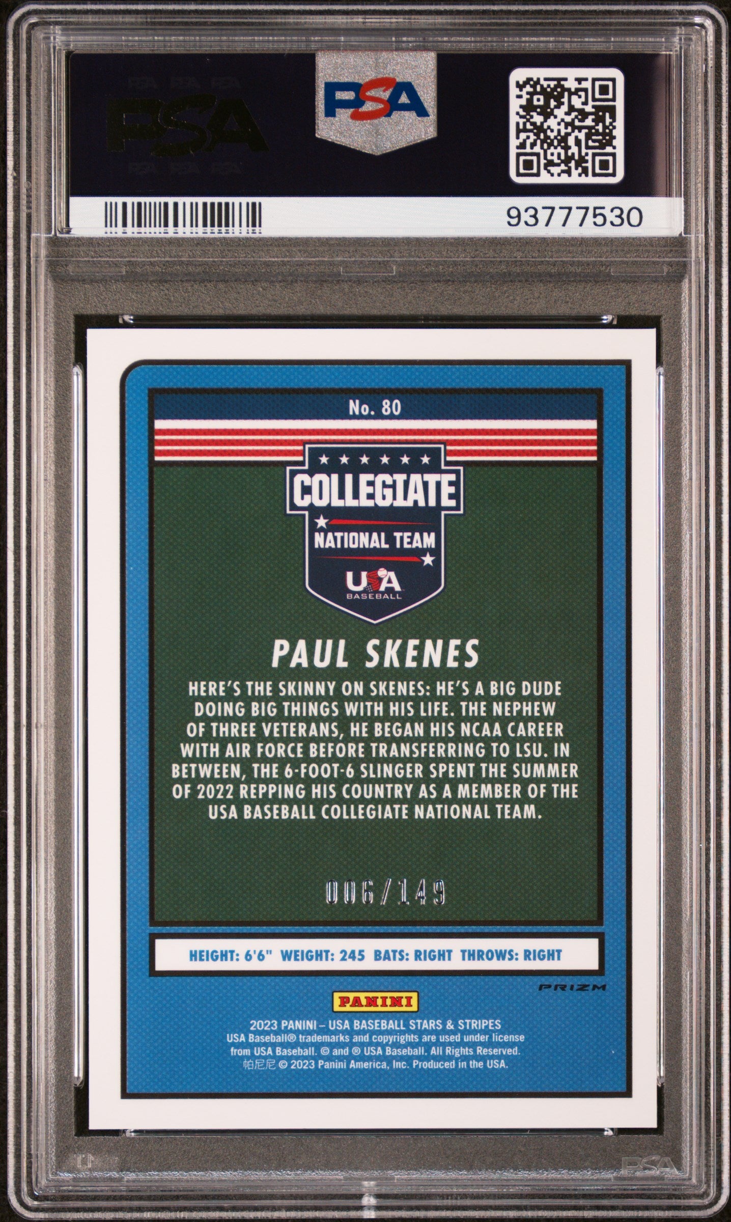 Graded 2023 Panini Stars & Stripes USA Paul Skenes #80 Red#/149 Rookie RC Baseball Card PSA 10 Gem Mint