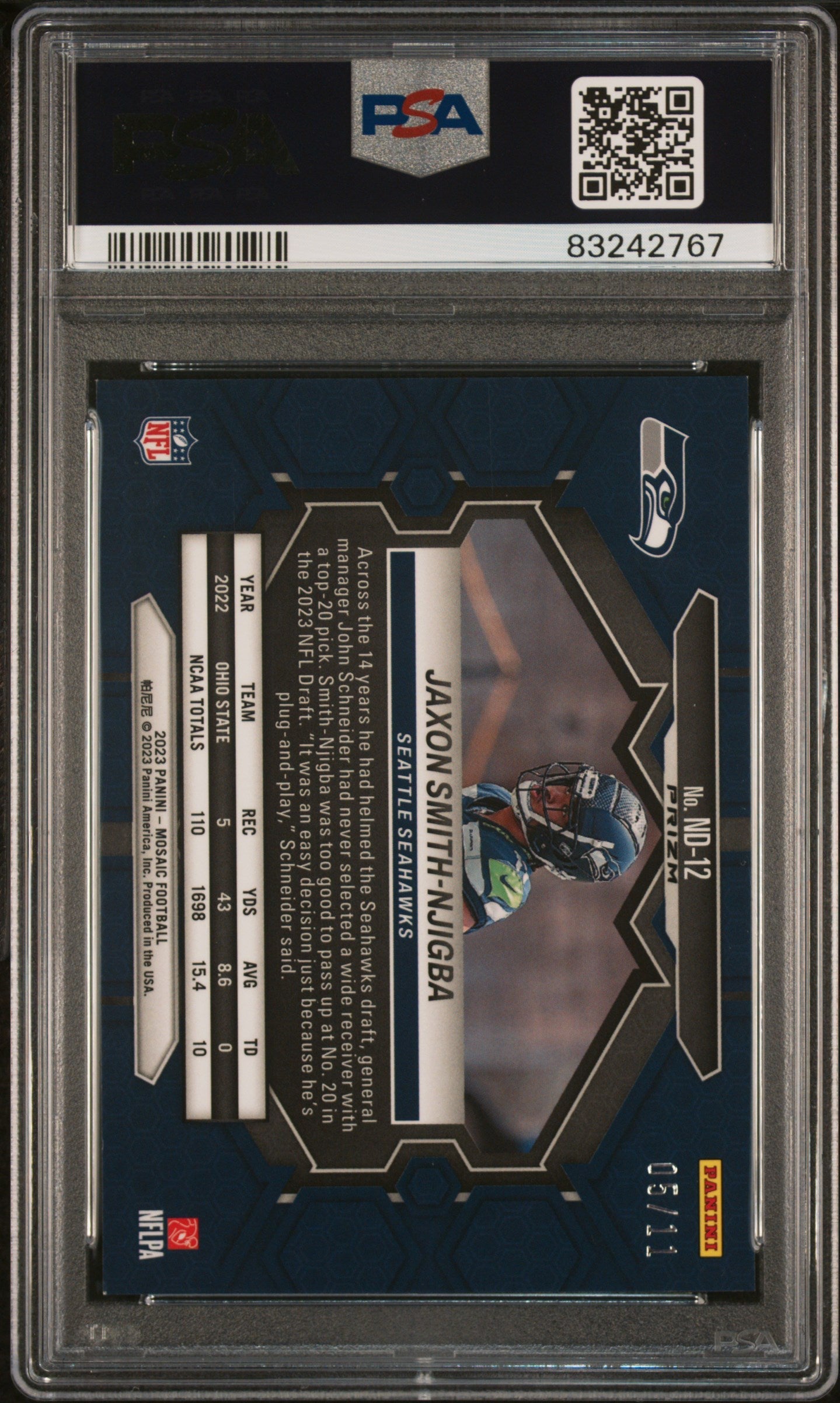 Graded 2023 Panini Mosaic Jaxon Smith-Njigba #ND12 Green Swirl Rookie RC Football Card PSA 10 Gem Mint