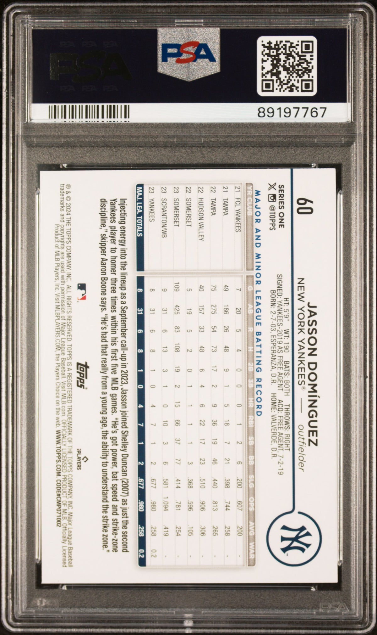 Graded 2024 Topps Jasson Dominguez #60 Rookie RC Baseball Card PSA 8 Near Mint