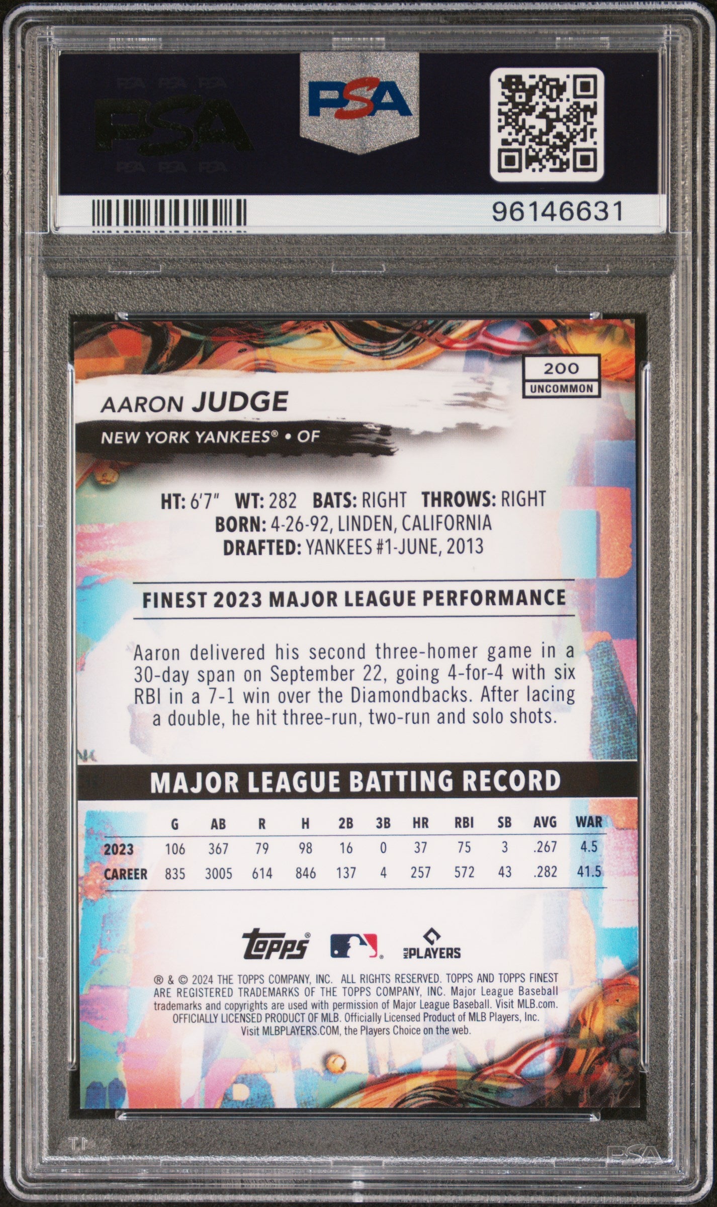 Graded 2024 Topps Finest Aaron Judge #200 Purple Refractor /200 Baseball Card PSA 10 Gem Mint
