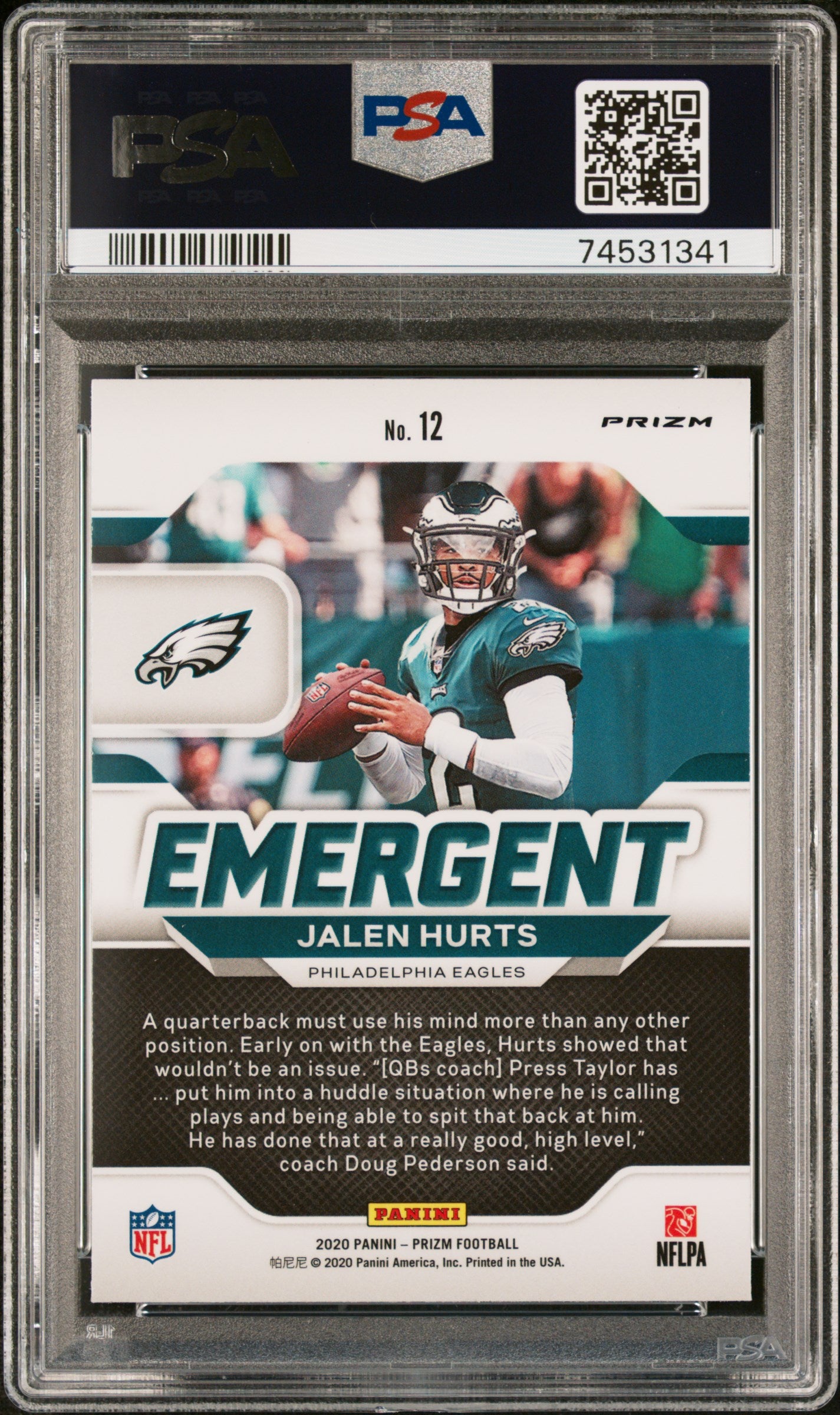 Graded 2020 Panini Prizm Jalen Hurts #12 Emergent No Huddle Rookie RC Football Card PSA 10 Gem Mint