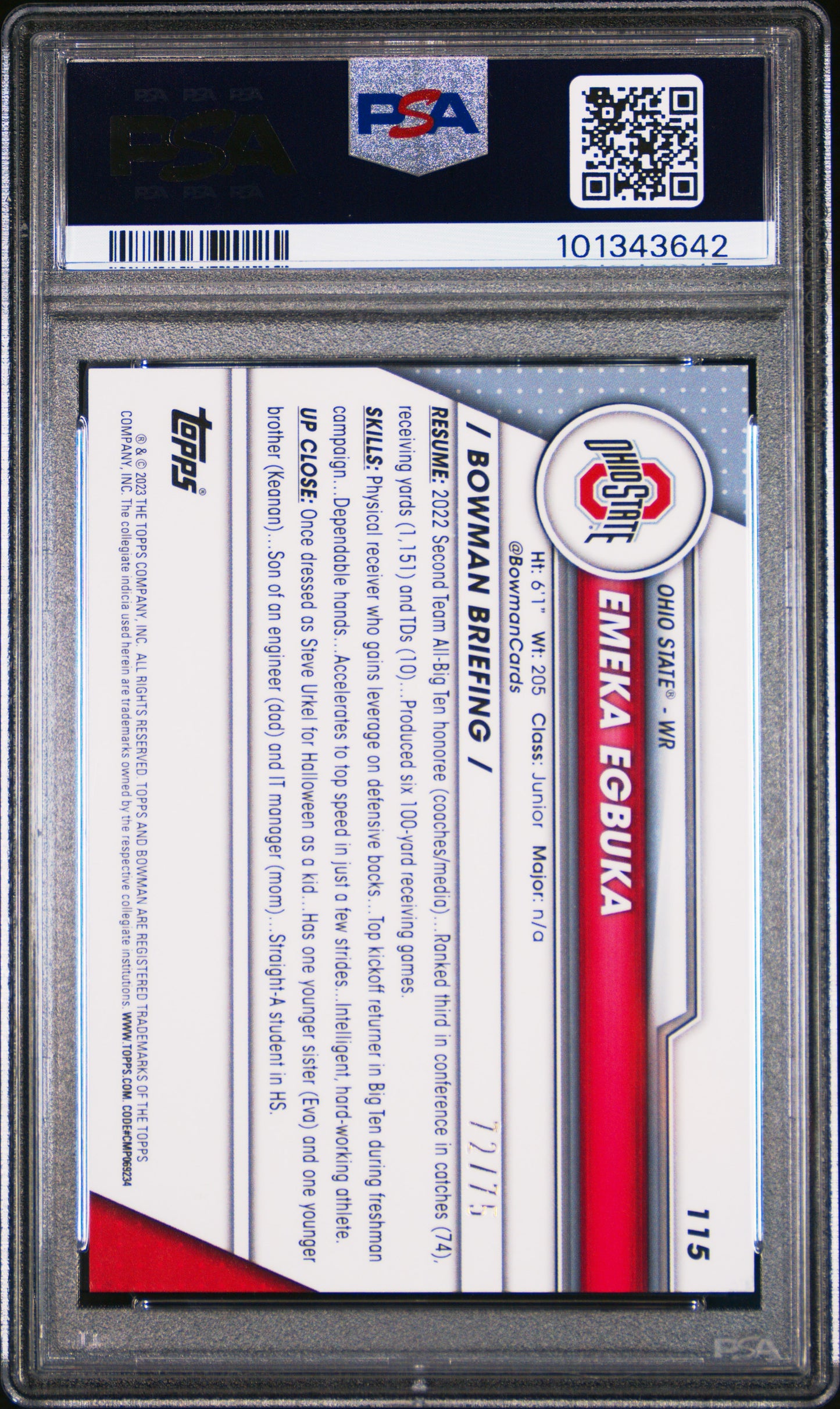 Graded 2023 Topps Bowman U Sapphire Emeka Egbuka #115 Yellow /75 Rookie RC Football Card PSA 10 Gem Mint