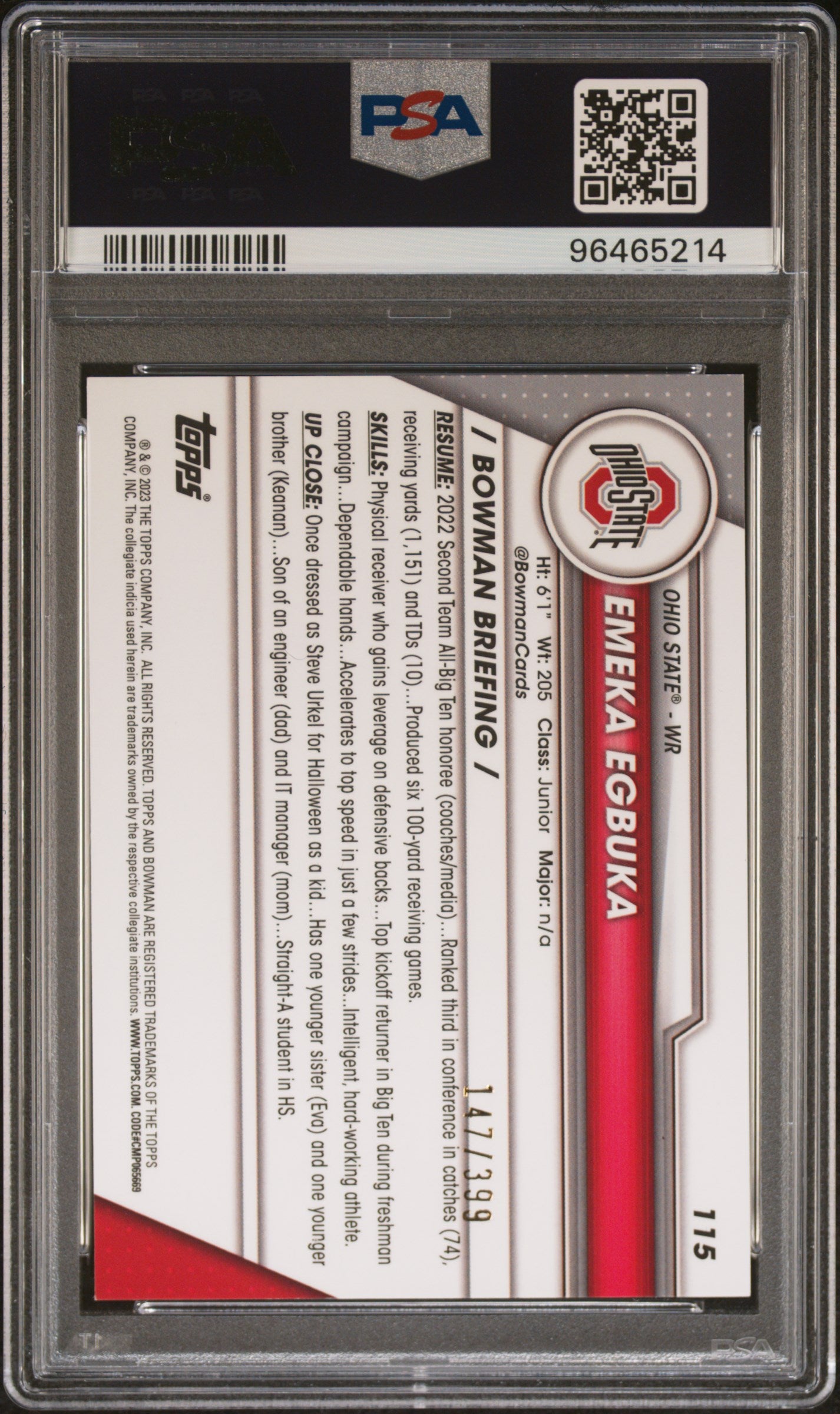 Graded 2023 Topps Bowman U Chrome Emeka Egbuka #115 Purple Refractor /399 Rookie RC Football Card PSA 10 Gem Mint