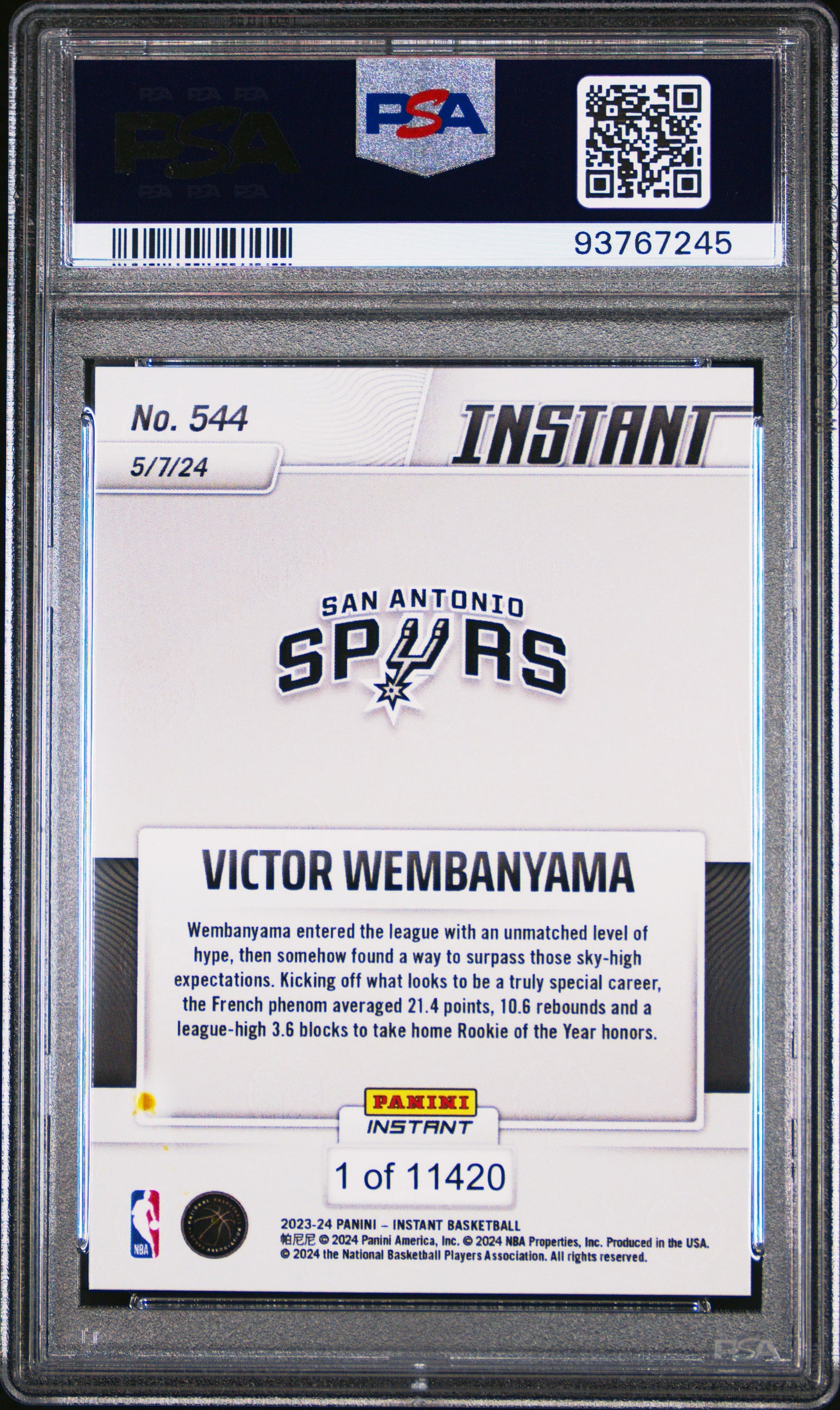 Graded 2023 Panini Instant Victor Wembanyama #544 Rookie RC Basketball Card PSA 8 Near Mint