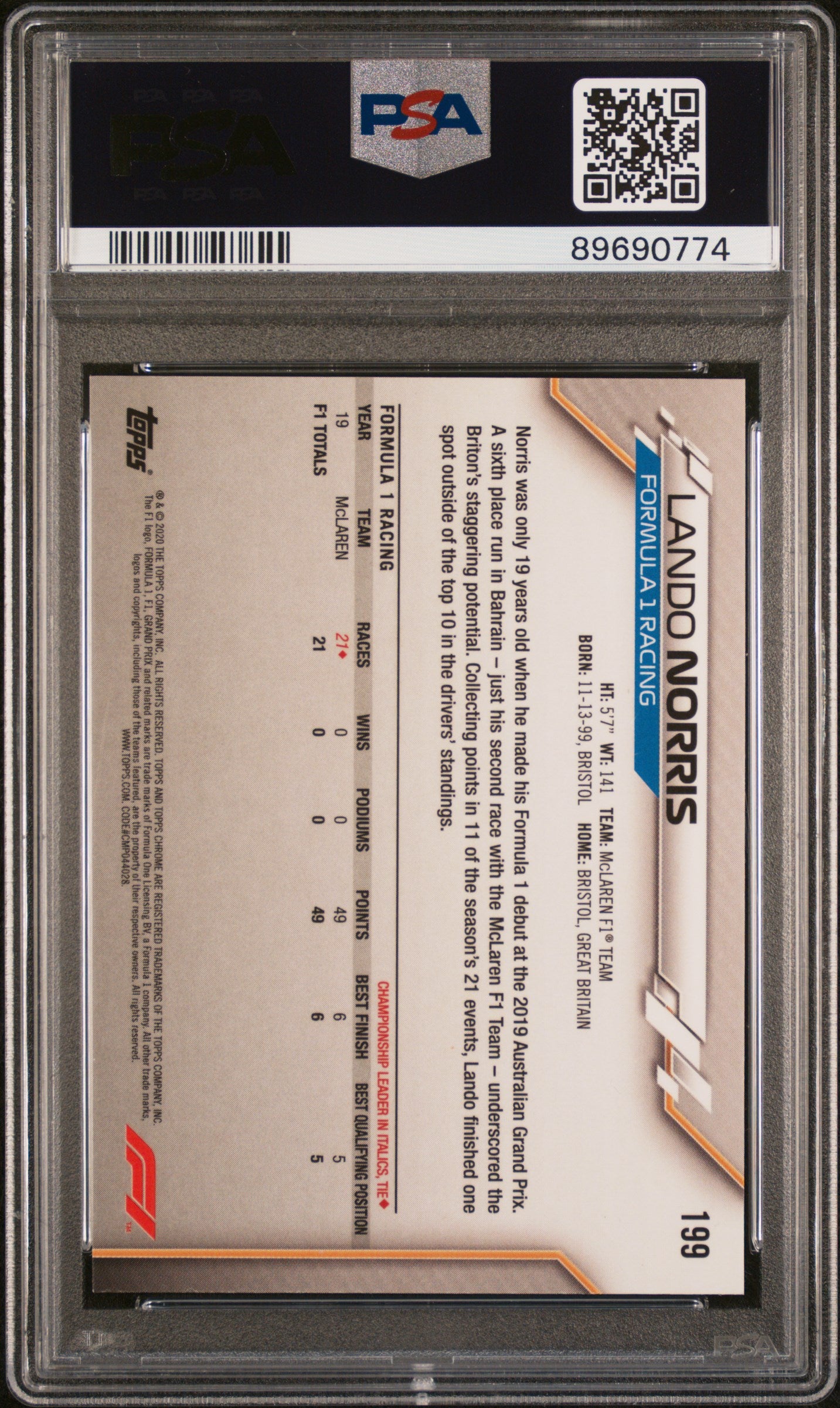 Graded 2020 Topps Chrome Formula 1 Lando Norris #199 Rookie RC F1 Racing Card PSA 10 Gem Mint
