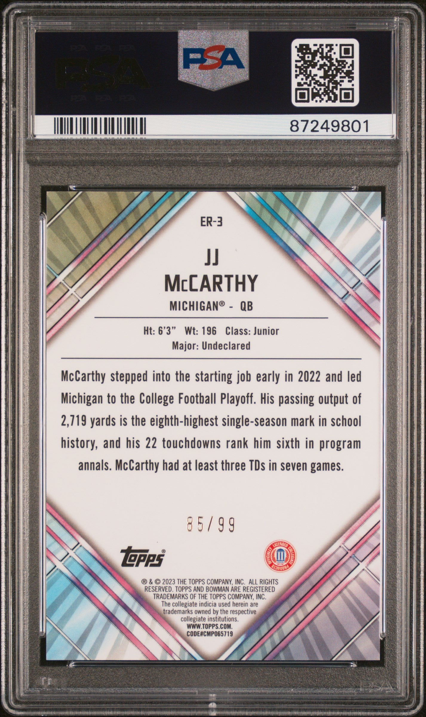 Graded 2023 Topps Bowman U Chrome JJ McCarthy #ER3 UD Early Risers Green /99 Rookie RC Football Card PSA 10 Gem Mint