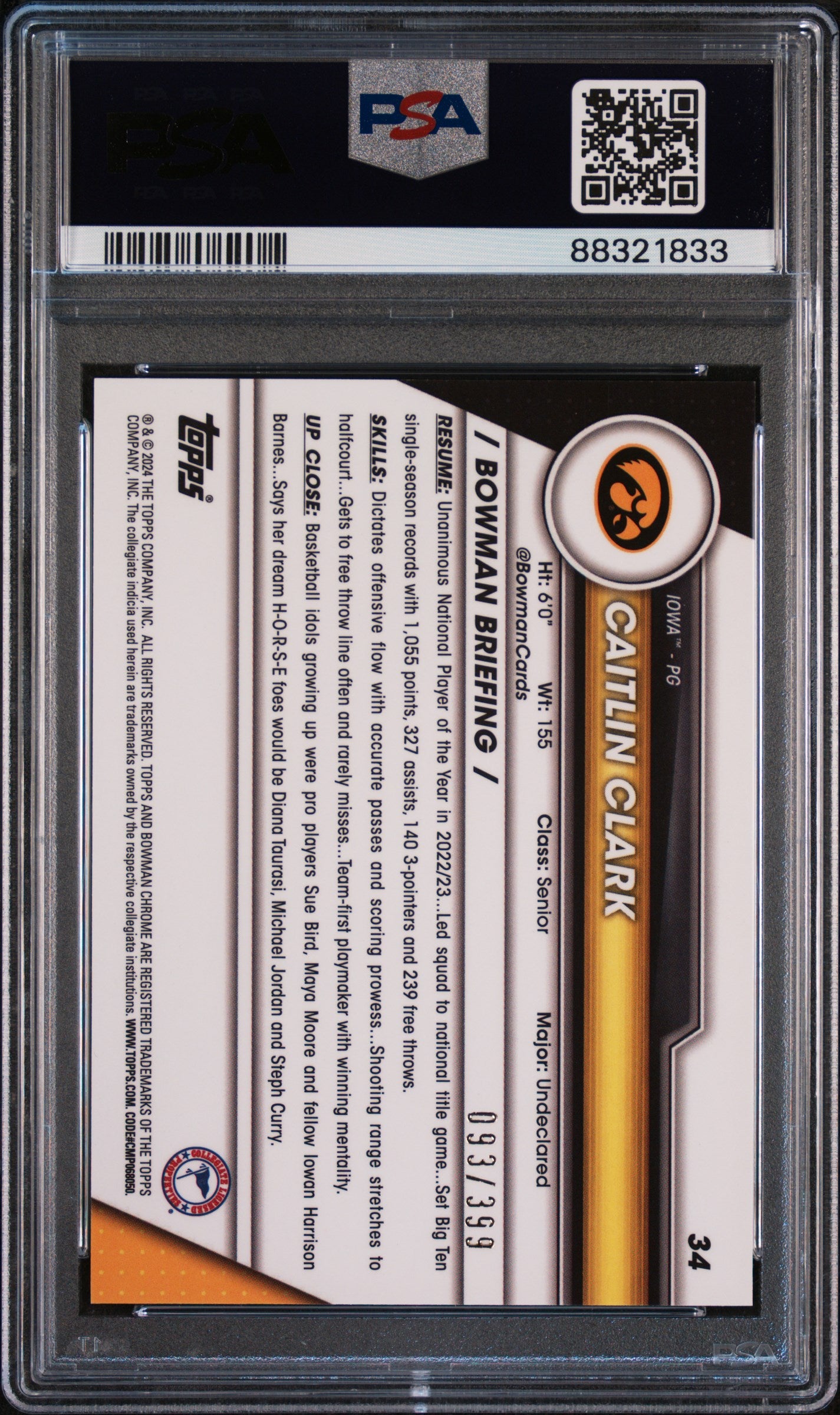 Graded 2023 Topps Bowman U Chrome Caitlin Clark #34 Purple #/399 Rookie RC Basketball Card PSA 10 Gem Mint