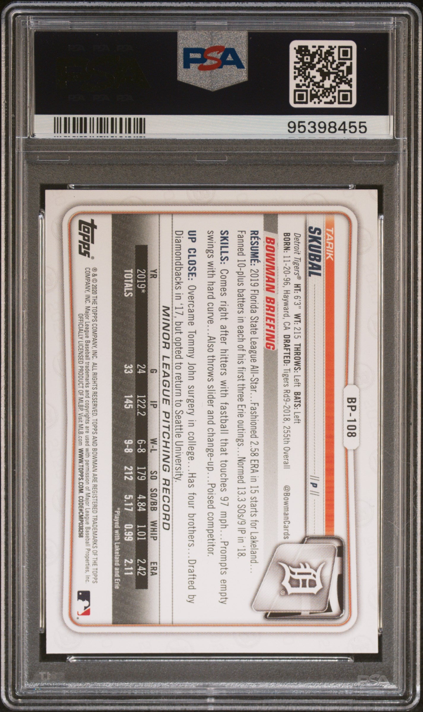 Graded 2020 Topps Bowman Tarik Skubal #BP108 Paper Prospects Rookie RC Baseball Card PSA 10 Gem Mint