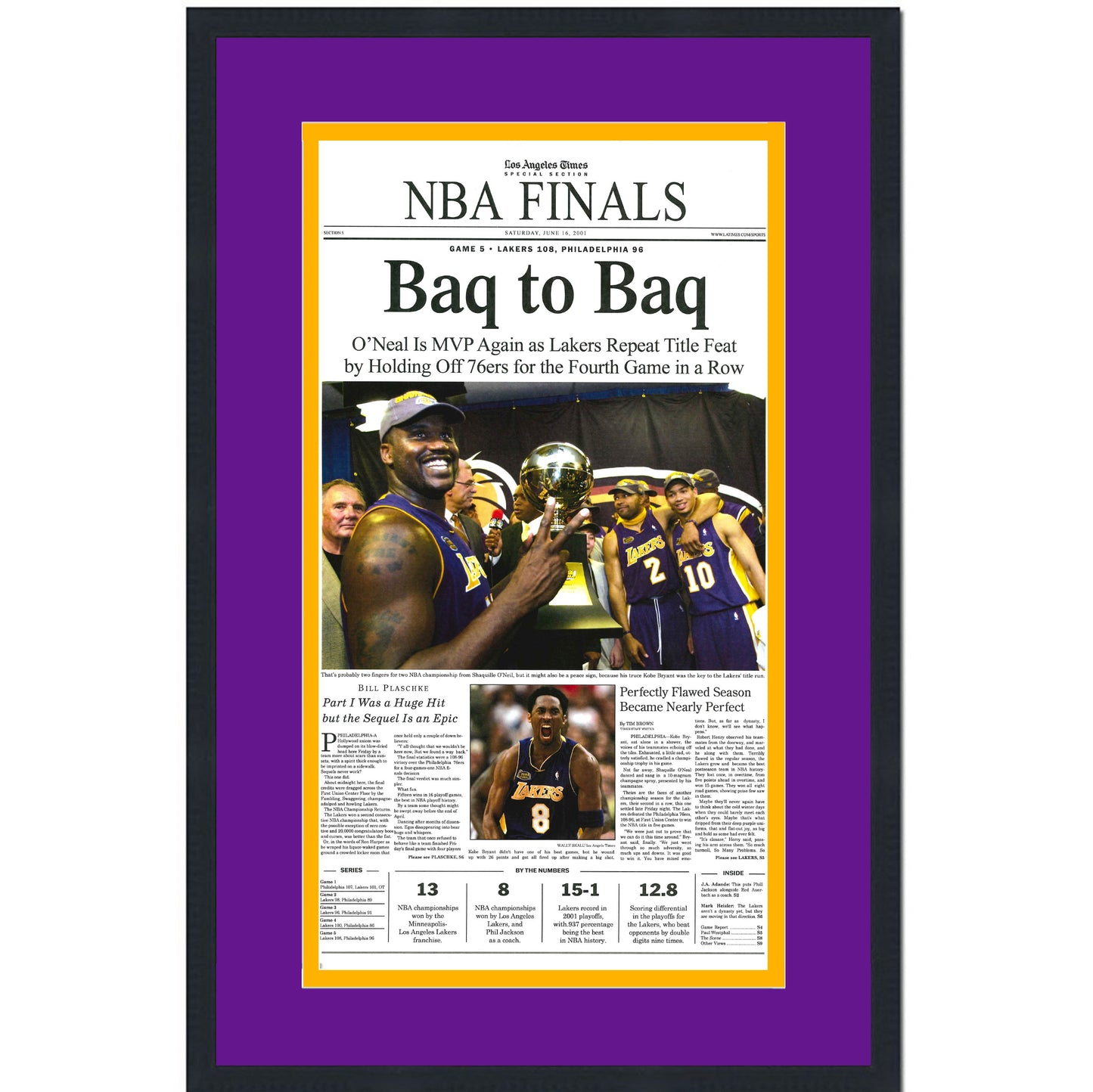 Framed Los Angeles LA Times Lakers Baq To Baq 2001 NBA Finals Champions 14x22 Basketball Newspaper Cover Photo Professionally Matted