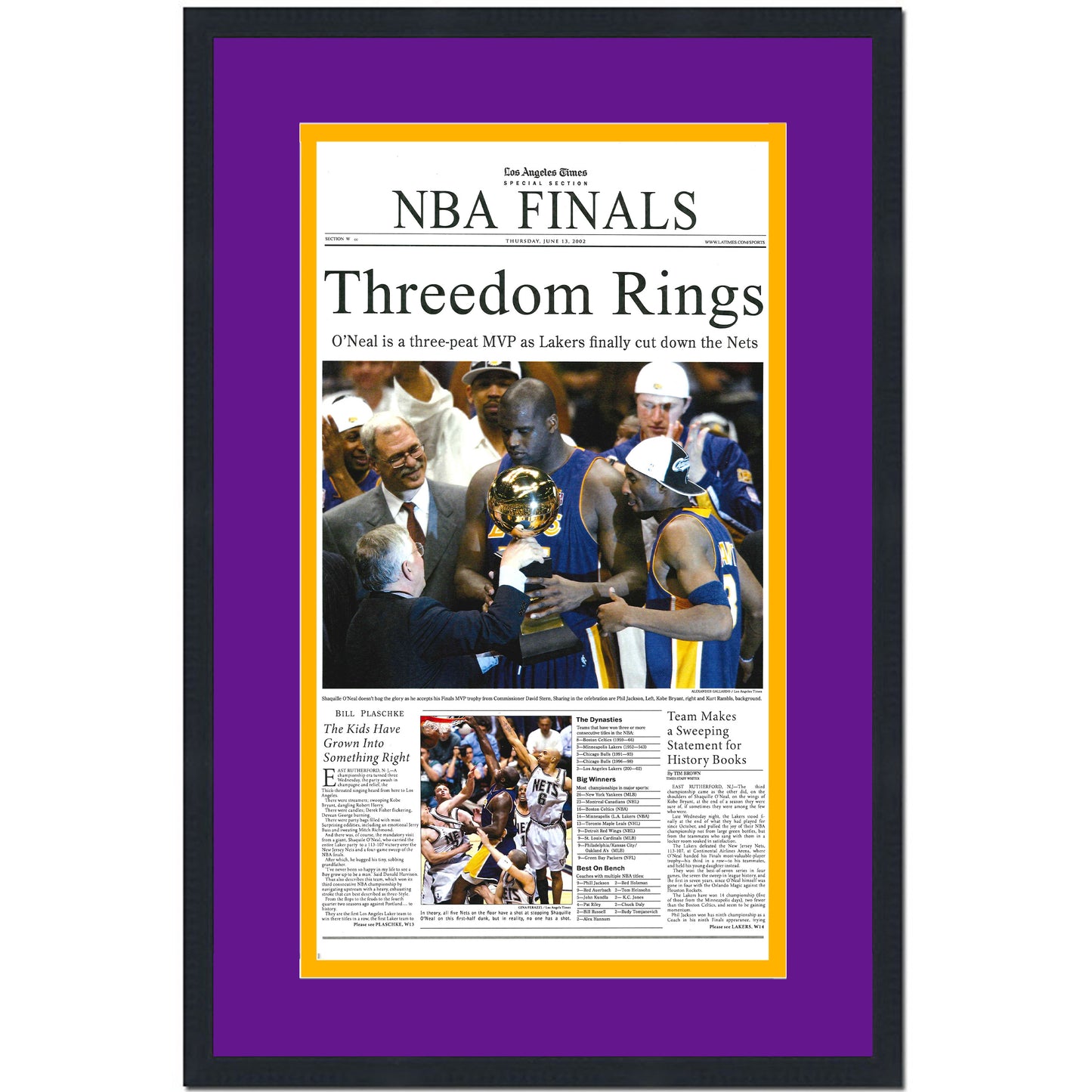 Framed Los Angeles LA Times Lakers Threedom Rings 2002 NBA Finals Champions 14x22 Basketball Newspaper Cover Photo Professionally Matted