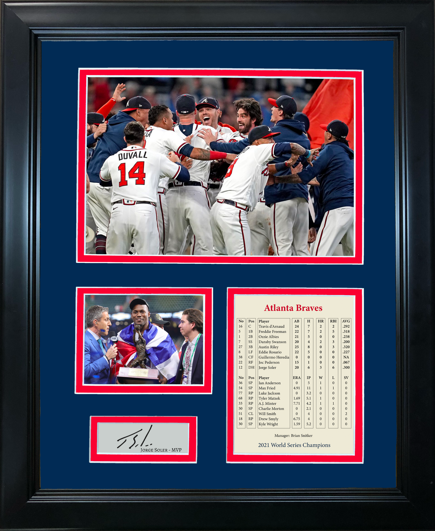Framed Atlanta Braves 2021 World Series Champions Facsimile Laser Engraved Jorge Soler MVP Signature Auto 11"x14"Baseball Photo Sig Collage