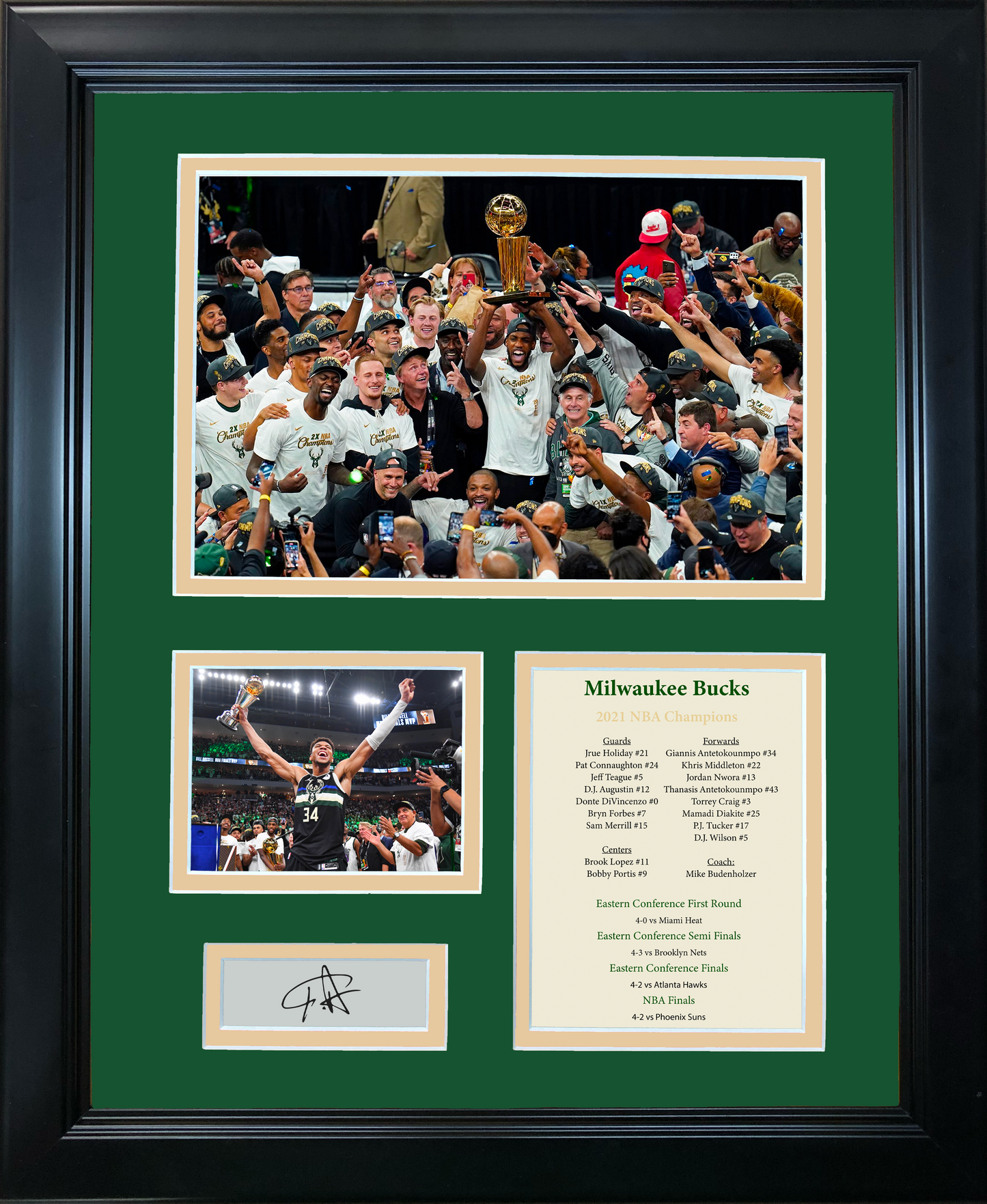 Framed Milwaukee Bucks 2021 NBA Finals Champions Giannis Antetokounmpo MVP Facsimile Laser Engraved Signature Auto Basketball 11"x14" Photo Sig Collage