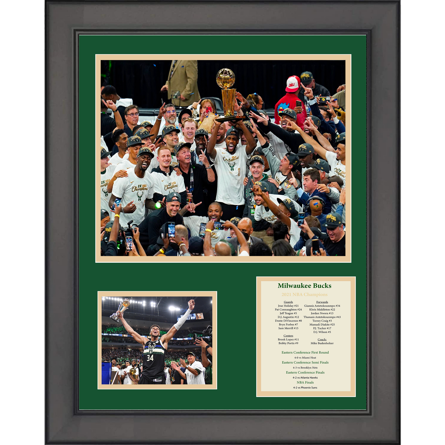 Framed Milwaukee Bucks 2021 NBA Finals Champions Giannis Antetokounmpo MVP Basketball 11"x14" Three Photo Collage