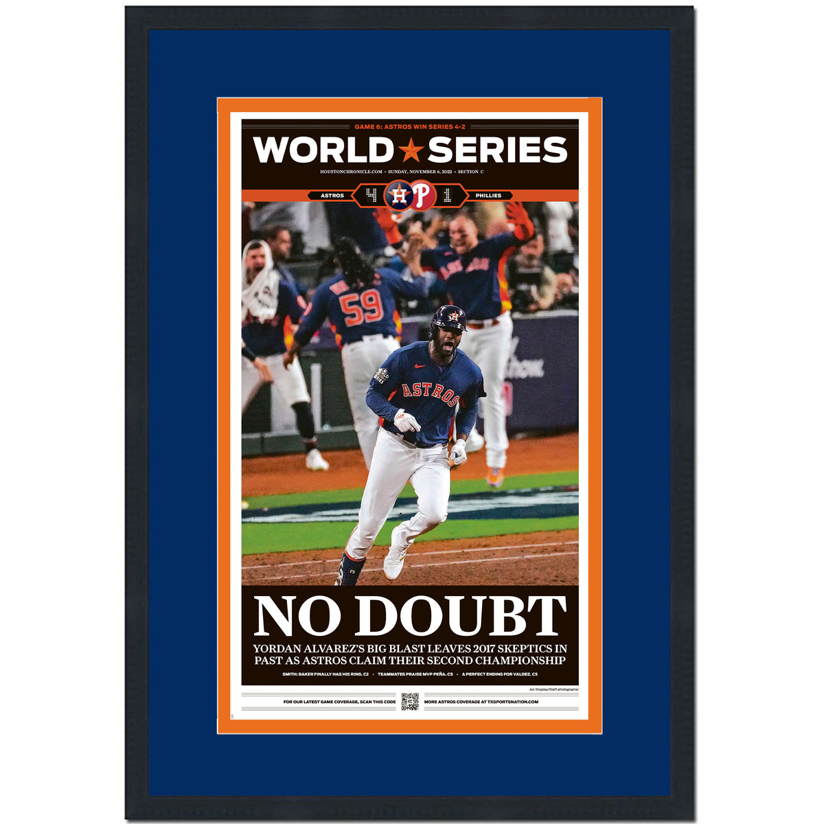 Framed Houston Chronicle Astros No Doubt 2022 World Series Champions 17x27 Baseball Newspaper Cover Photo Professionally Matted V2