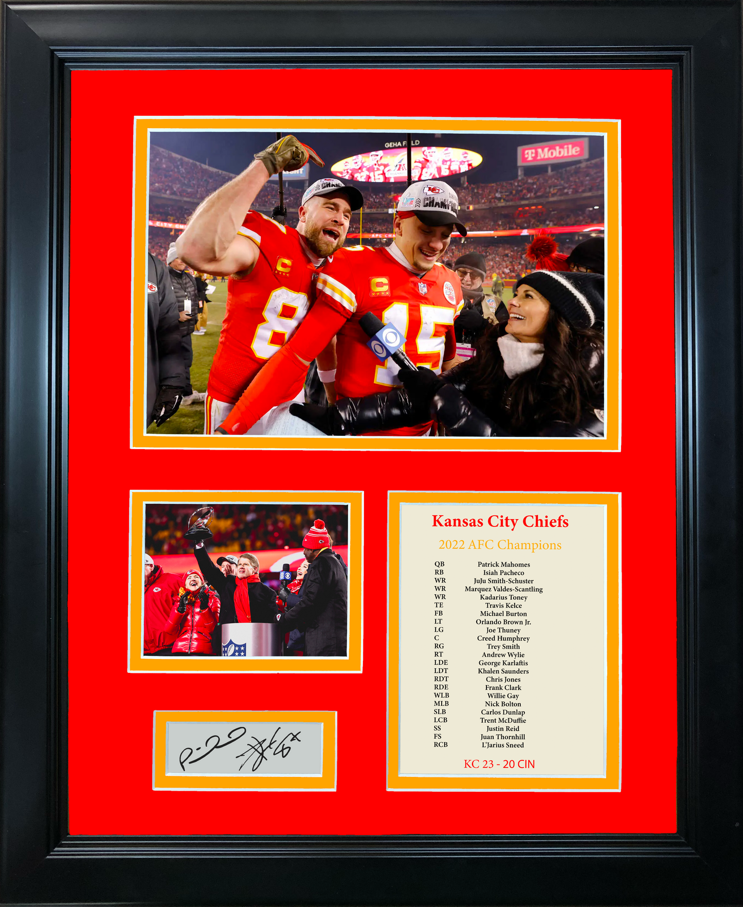 Framed 2022 Kansas City Chiefs AFC Champions Patrick Mahomes Travis Kelce Facsimile Laser Engraved Signatures Auto Football 11"x14"Photo Sig Collage