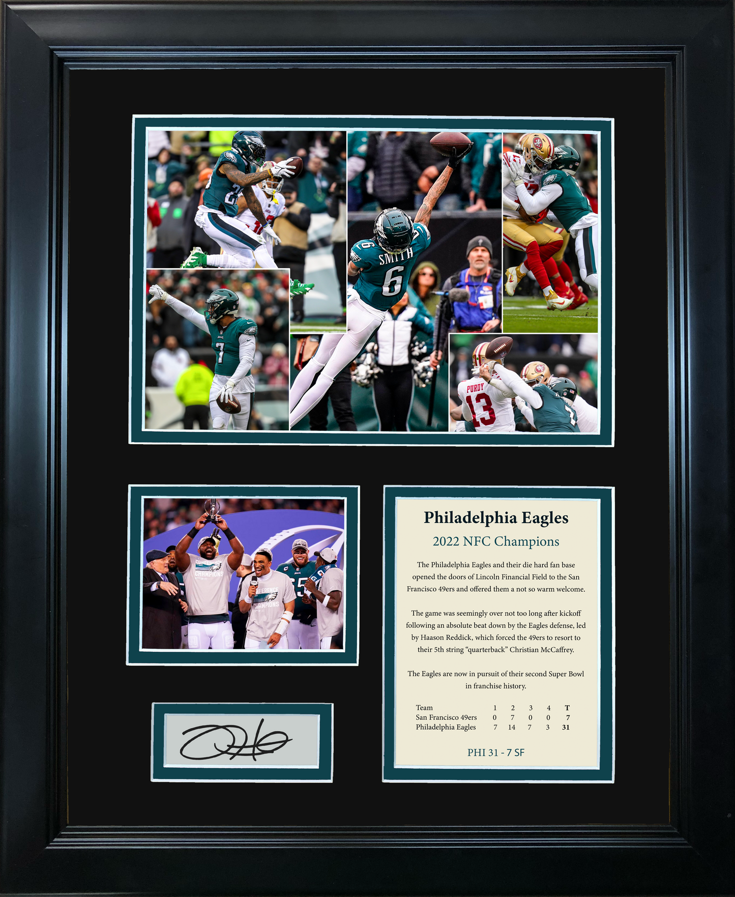 Framed 2022 Philadelphia Eagles NFC Champions Jalen Hurts Facsimile Laser Engraved Signature Auto Football 11"x14"Photo Sig Collage