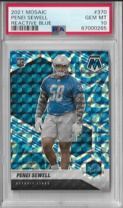 Graded 2021 Panini Mosaic Penei Sewell #370 Reactive Blue Rookie Football Card PSA 10
