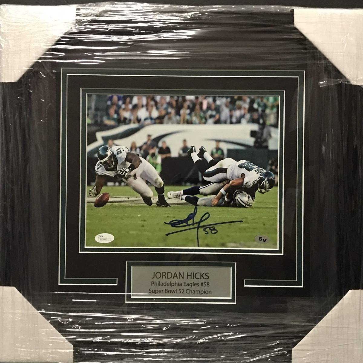 Framed Autographed/Signed Jordan Hicks Tony Romo Hit Philadelphia Eagles 8x10 Football Photo JSA COA