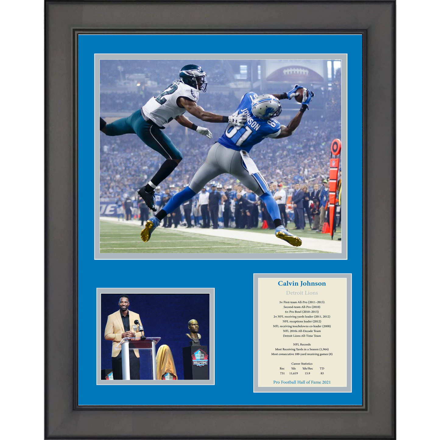 Framed Calvin Johnson Hall of Fame Detroit Lions 11"x14" Football Three Photo Collage
