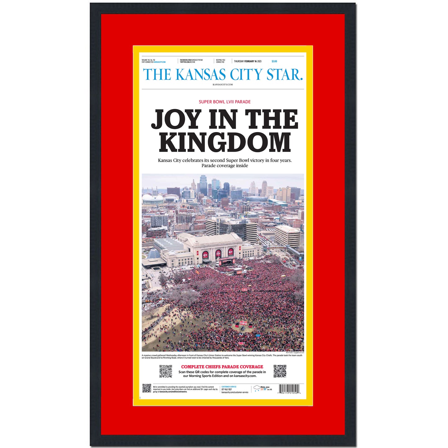 Framed Kansas City Star Chiefs Parade Super Bowl LVII 57 Champions 14x24 Football Newspaper Cover Photo Professionally Matted