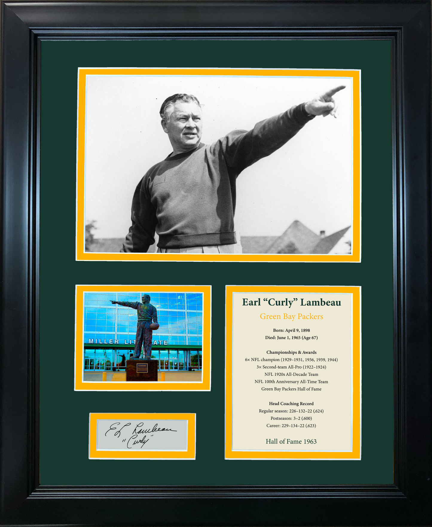 Framed Curly Lambeau Hall of Fame Facsimile Laser Engraved Signature Auto Green Bay Packers 11"x14" Photo Sig Collage