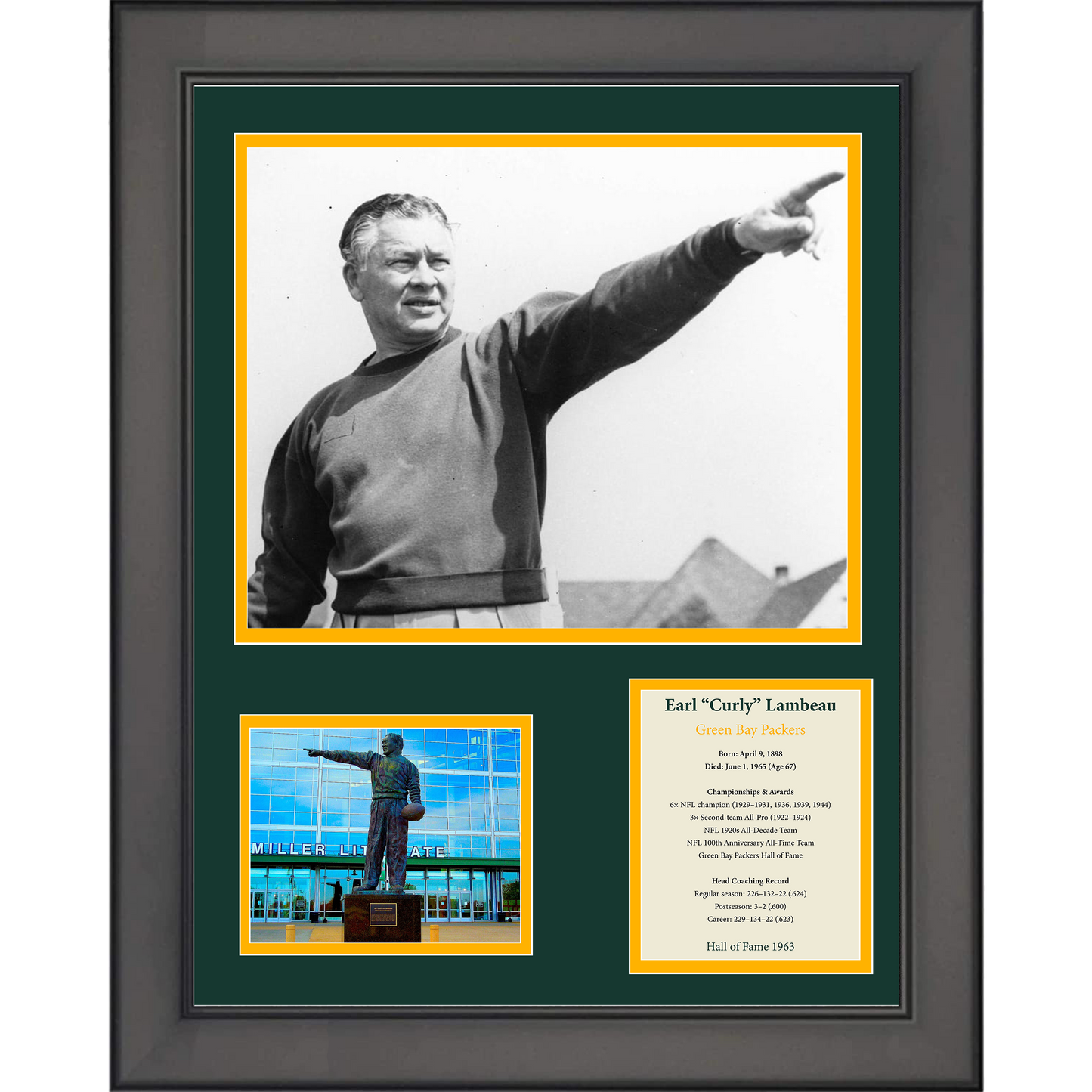 Framed Curly Lambeau Hall of Fame Green Bay Packers 11"x14" Football Three Photo Collage